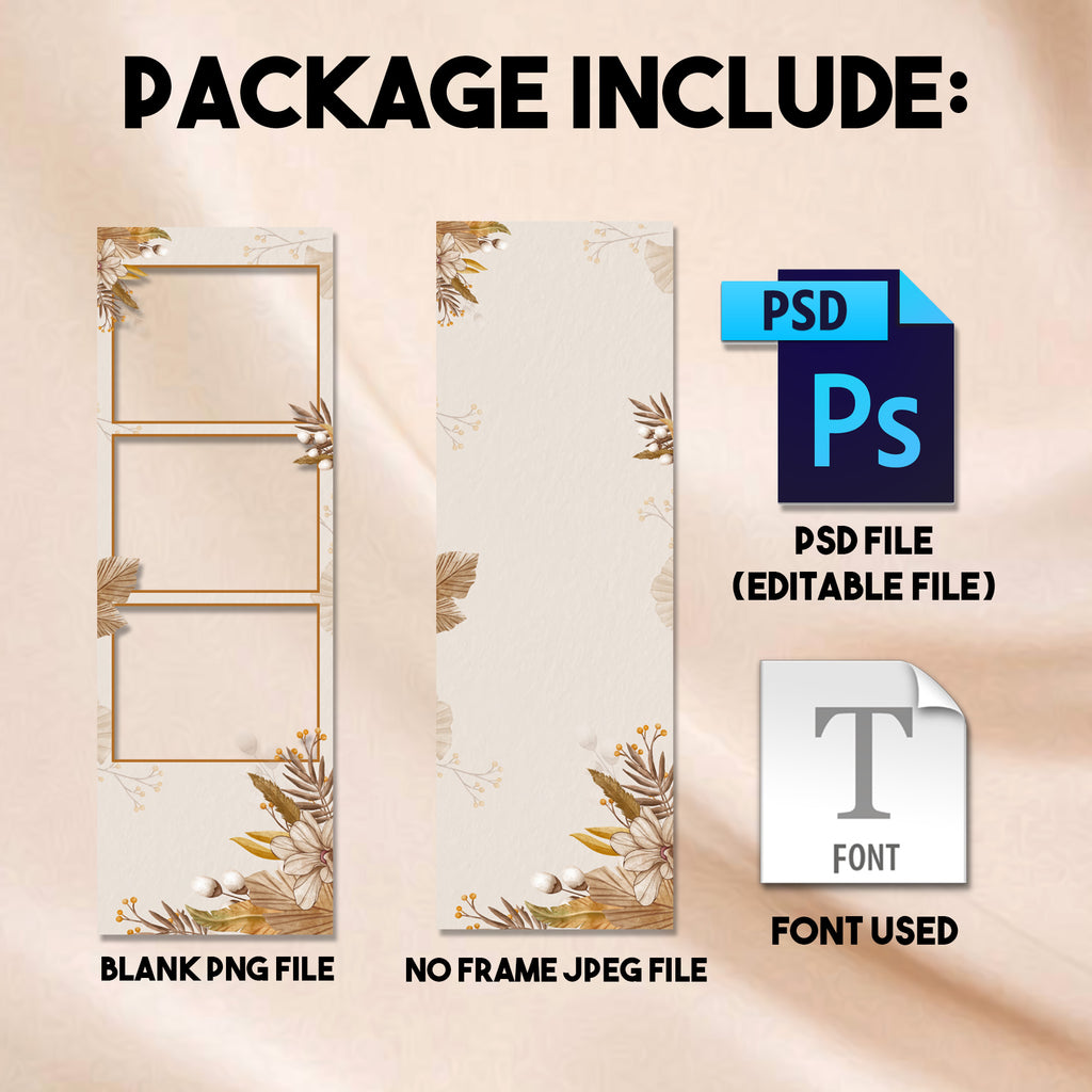 Boho Wedding 2x6 photo strip template mockup with dried palm leaves and florals