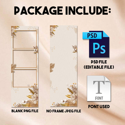 Boho Wedding 2x6 photo strip template mockup with dried palm leaves and florals
