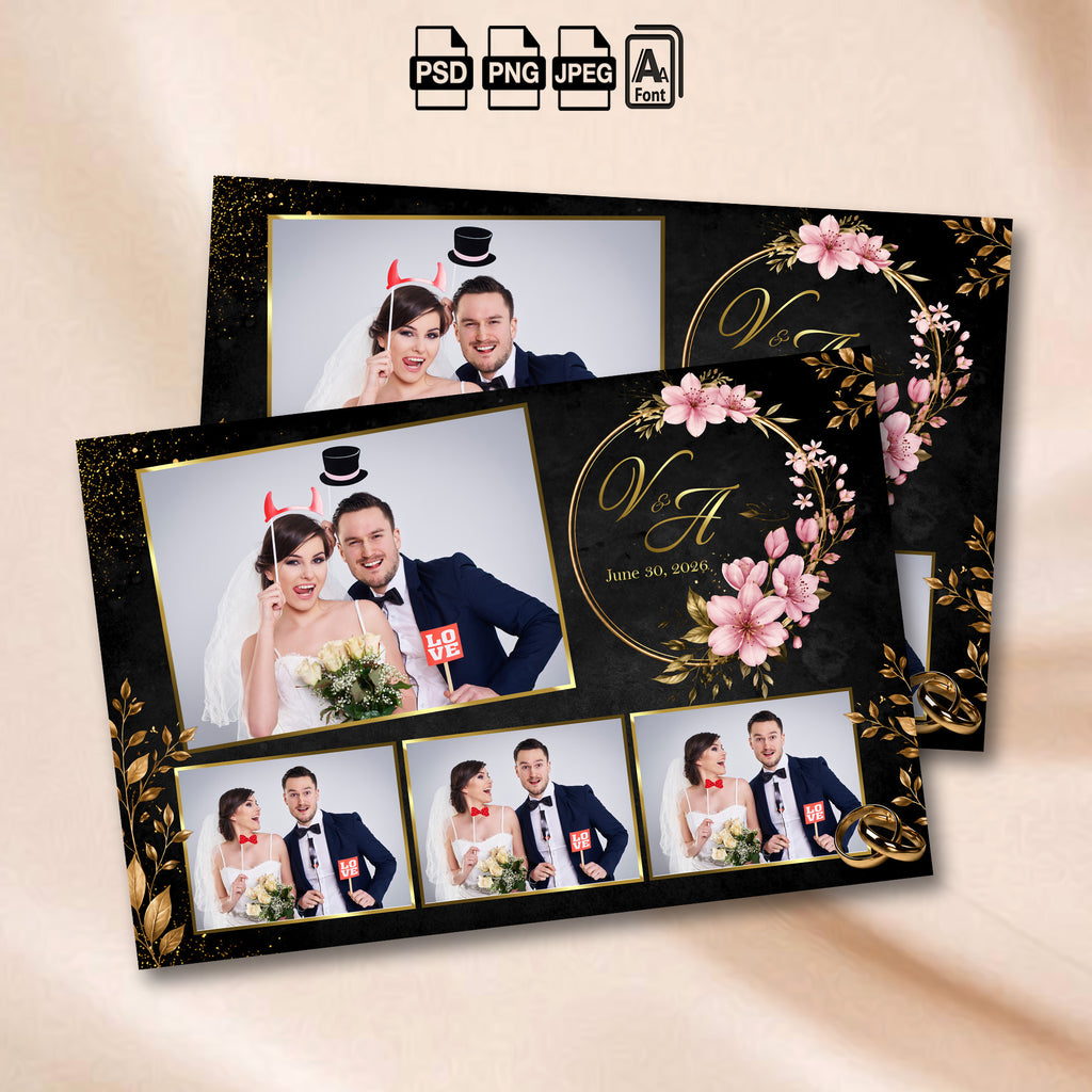 Black & Gold Floral Wedding 4-photo grid photo booth template mockup with gold leaf branches and pink floral wreath