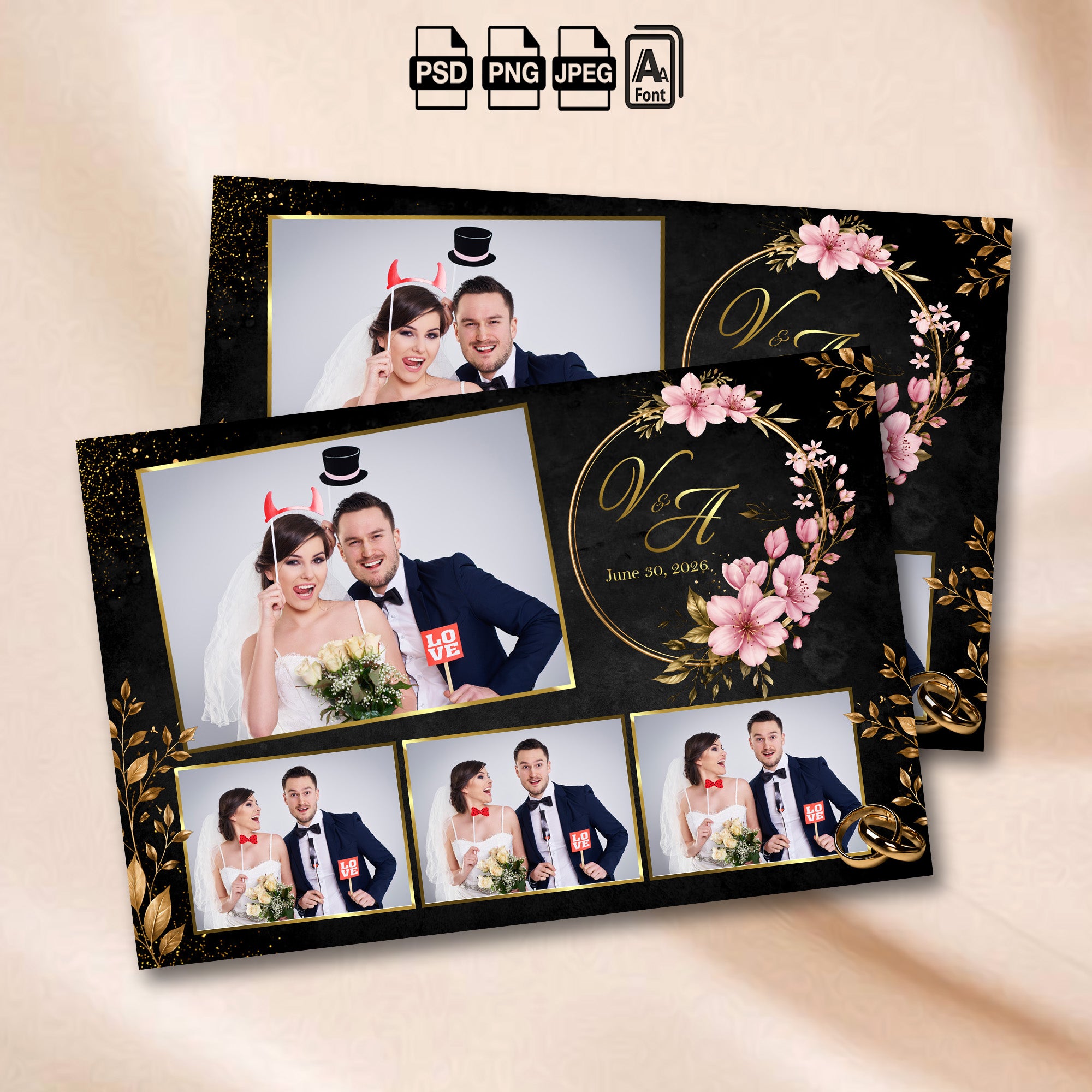 Black & Gold Floral Wedding 4-photo grid photo booth template mockup with gold leaf branches and pink floral wreath