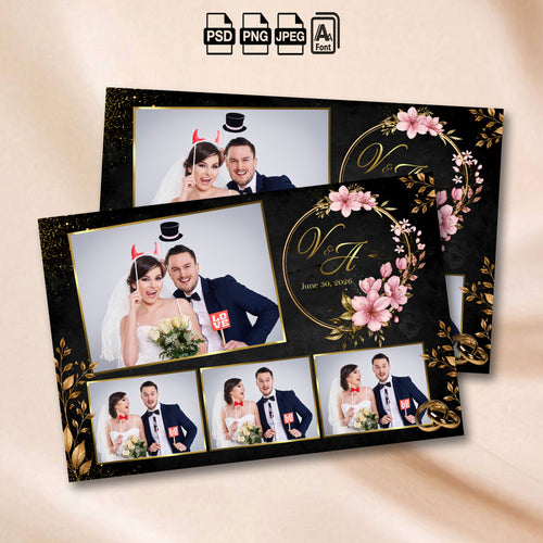 Black & Gold Floral Wedding 4-photo grid photo booth template mockup with gold leaf branches and pink floral wreath