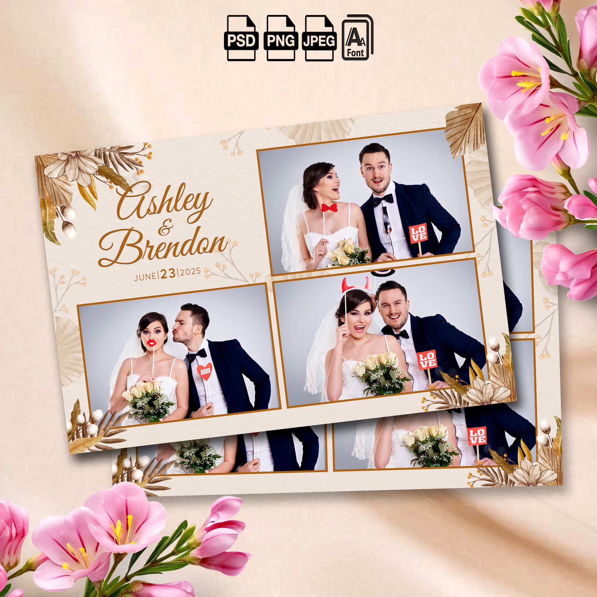 Boho Wedding 3-photo collage photo booth template mockup with dried palm leaves and florals
