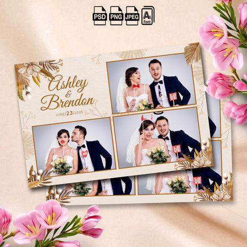 Boho Wedding 3-photo collage photo booth template mockup with dried palm leaves and florals