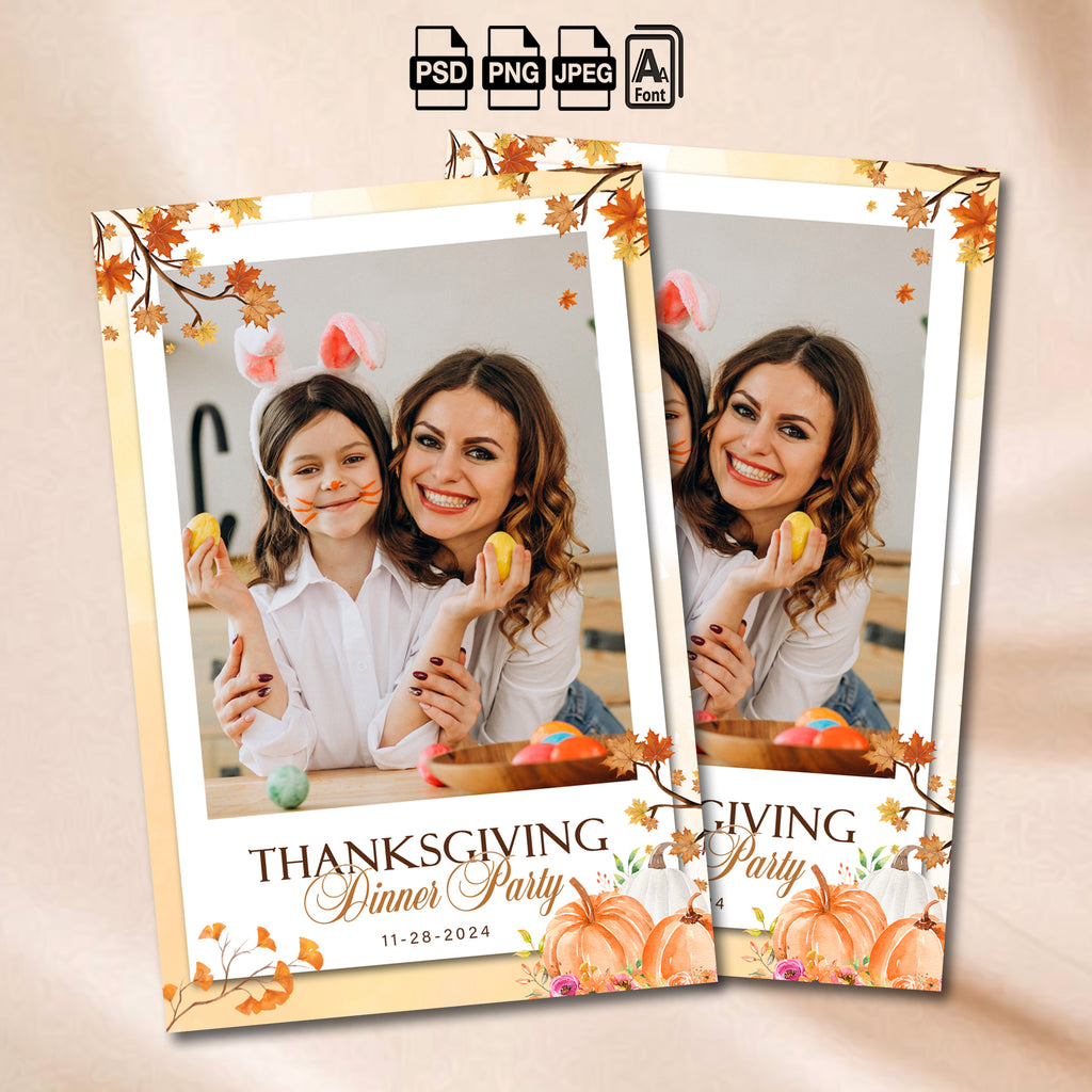 Watercolor Thanksgiving photo booth portrait template with pink florals and pumpkins