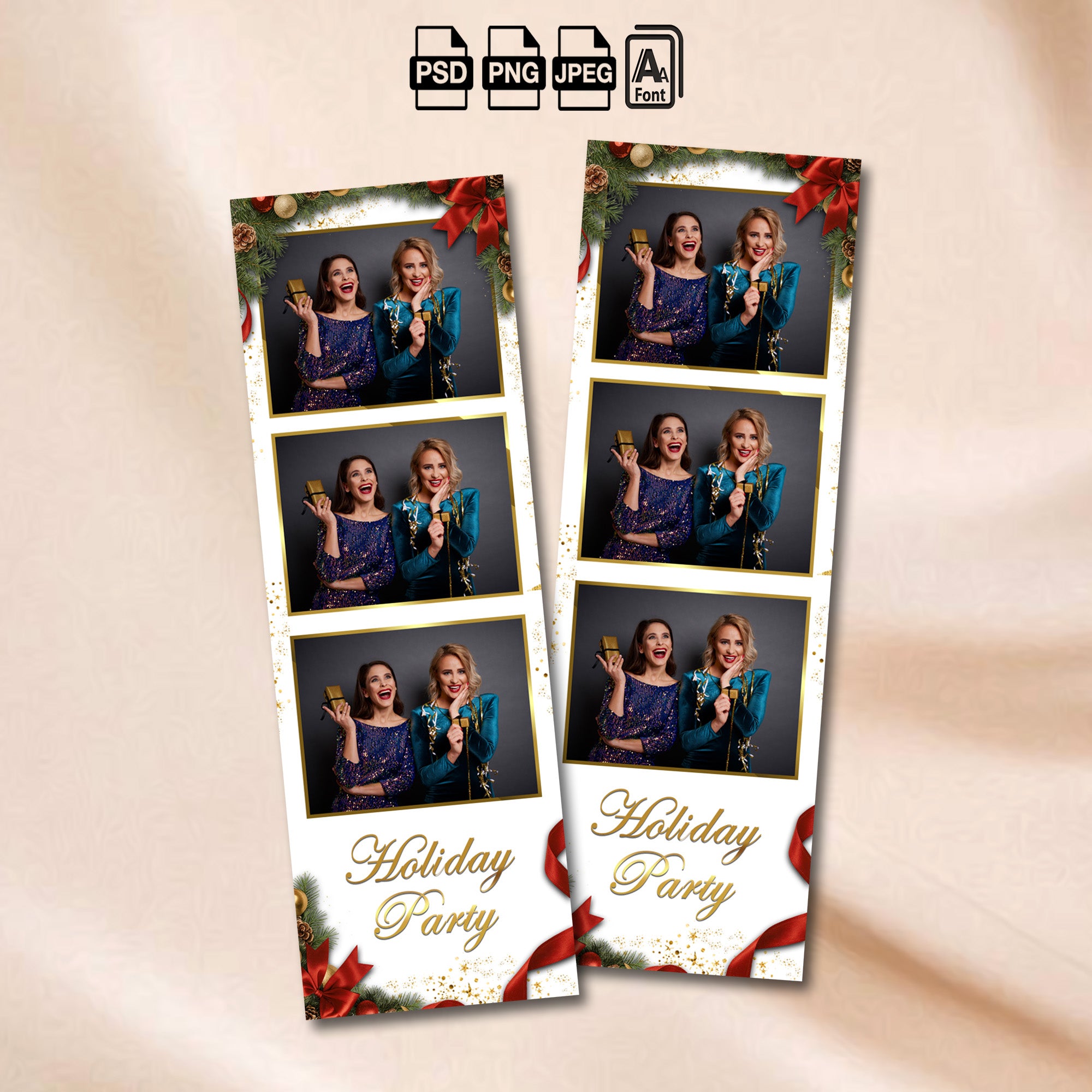 White and gold Christmas photo strip template with red ribbon bow and pinecones