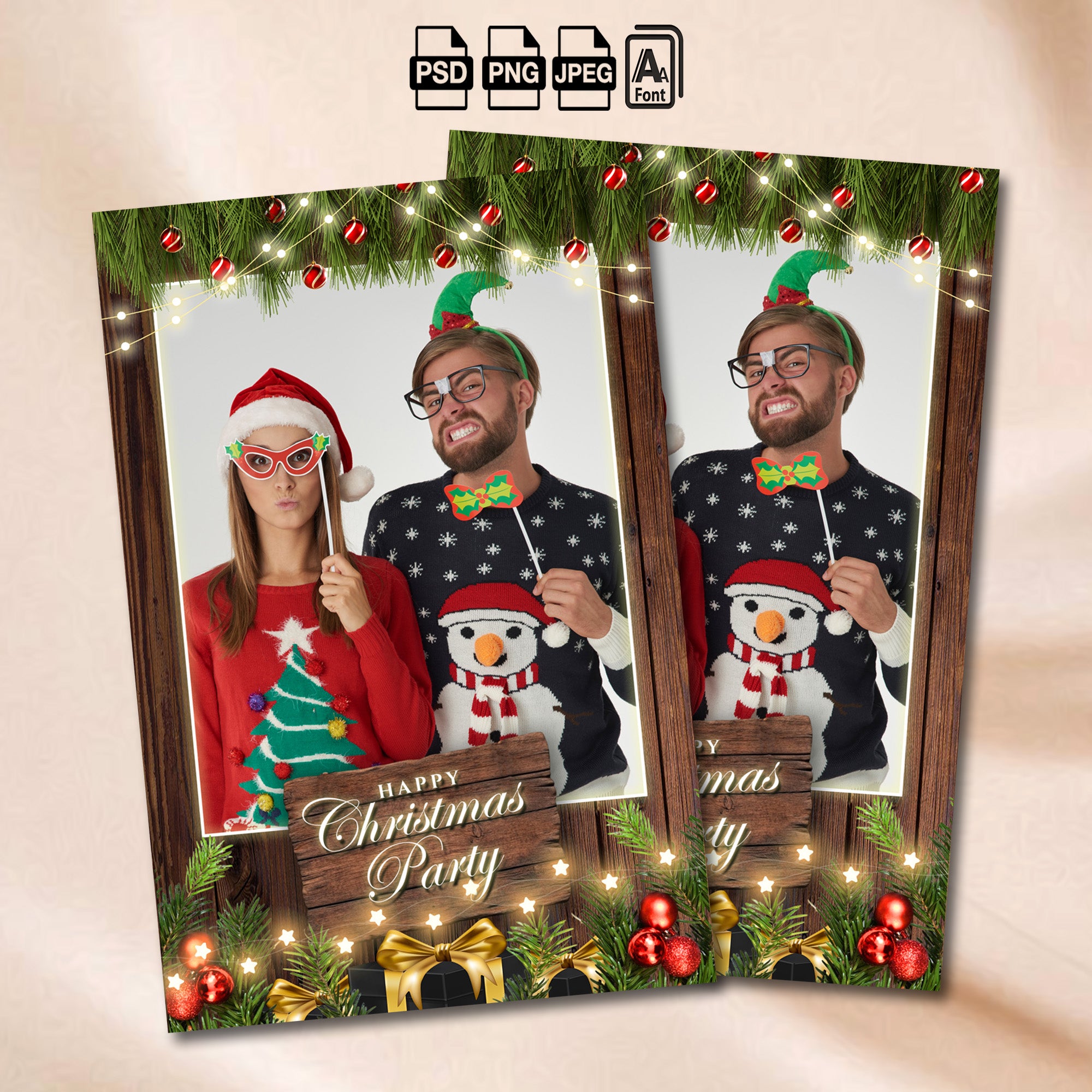 Dark wood Christmas photo booth portrait template with evergreen garland and gift boxes