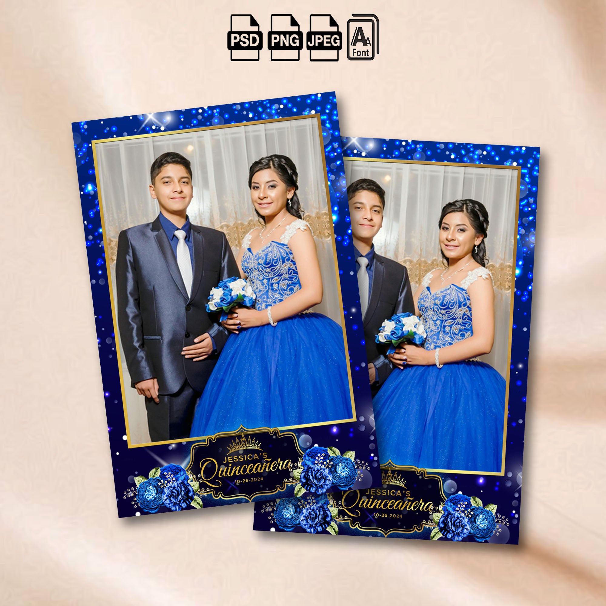 Royal Blue Quinceañera portrait photo booth template mockup with royal blue sparkle background and gold crown badge