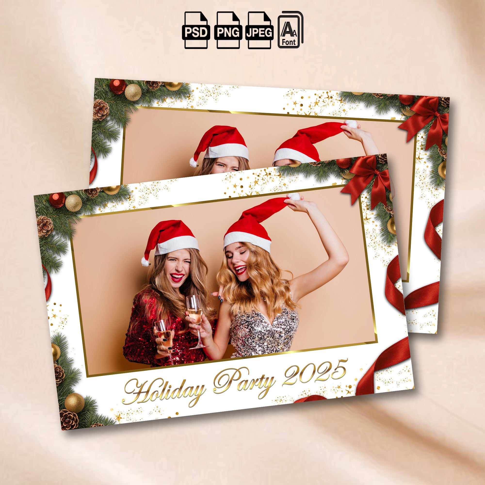 Landscape Christmas photo booth template with evergreen garland, gold ornaments, and red ribbon