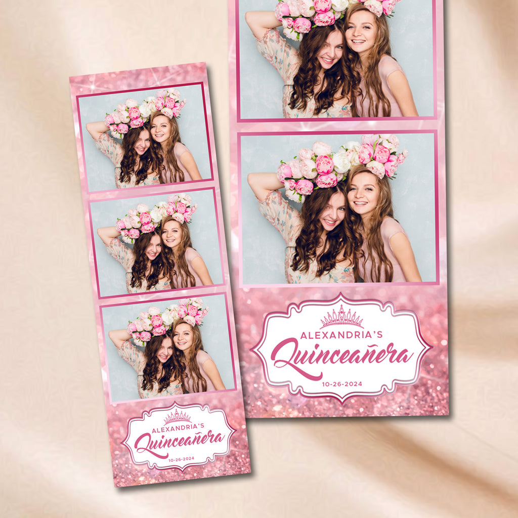 Pink & Rose Gold Quinceañera 2x6 photo strip template mockup with pink glitter background and floral crown badge