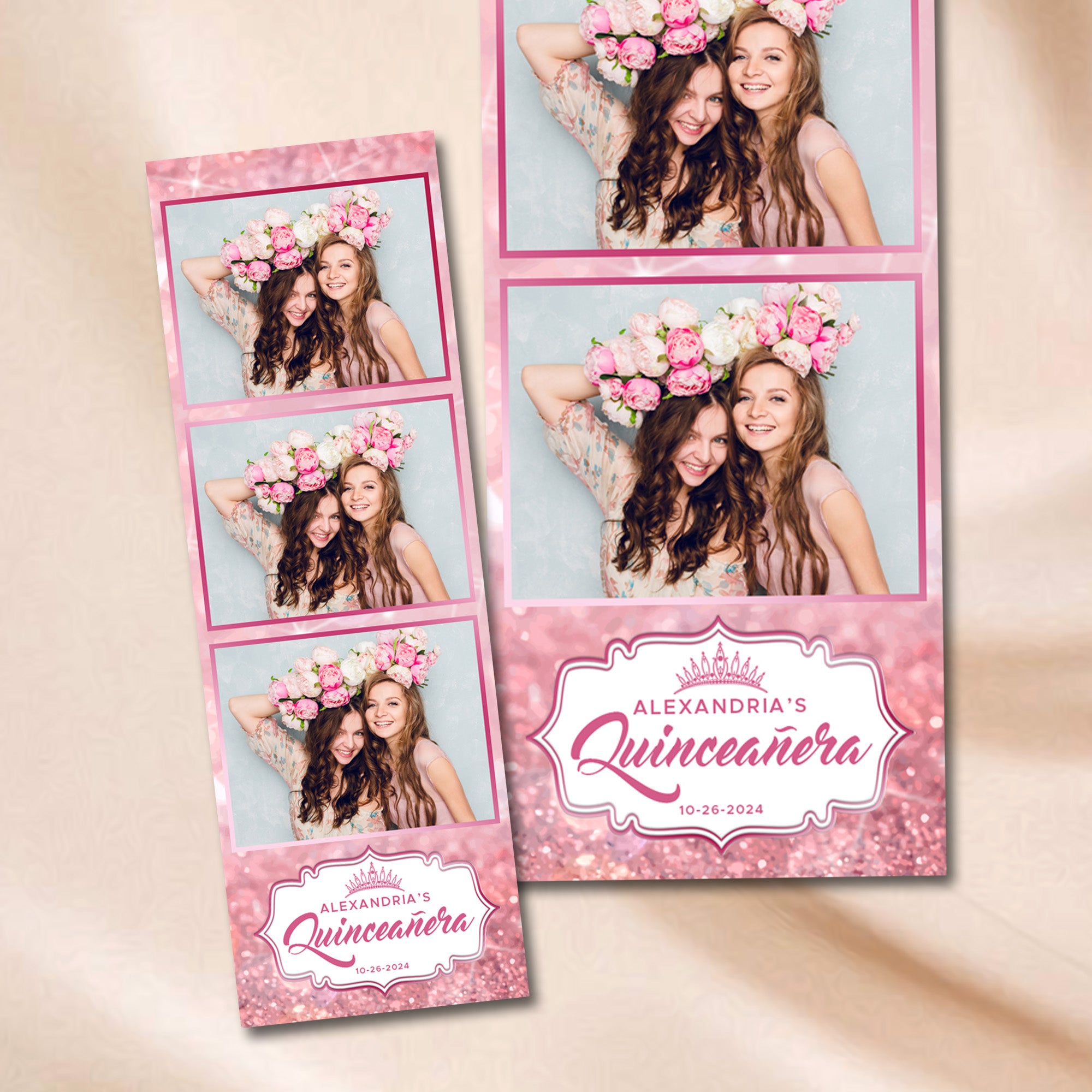 Pink & Rose Gold Quinceañera 2x6 photo strip template mockup with pink glitter background and floral crown badge