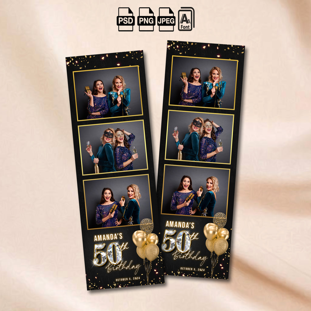 50th Birthday Photo Booth Template | Black & Gold Diamond Design | Editable Photoshop Template, Instant Download