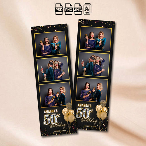 50th Birthday Photo Booth Template | Black & Gold Diamond Design | Editable Photoshop Template, Instant Download