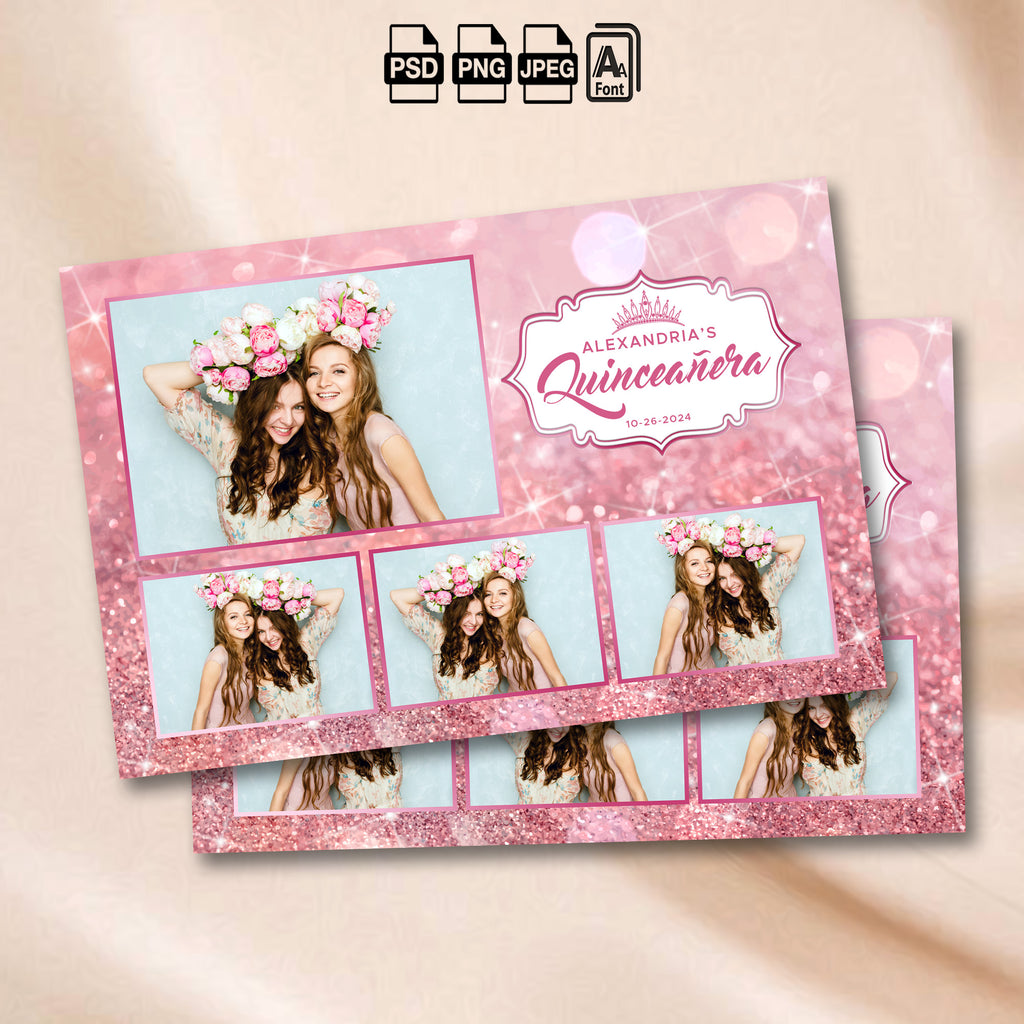 Pink & Rose Gold Quinceañera 4-photo grid photo booth template mockup with pink glitter background and floral crown badge