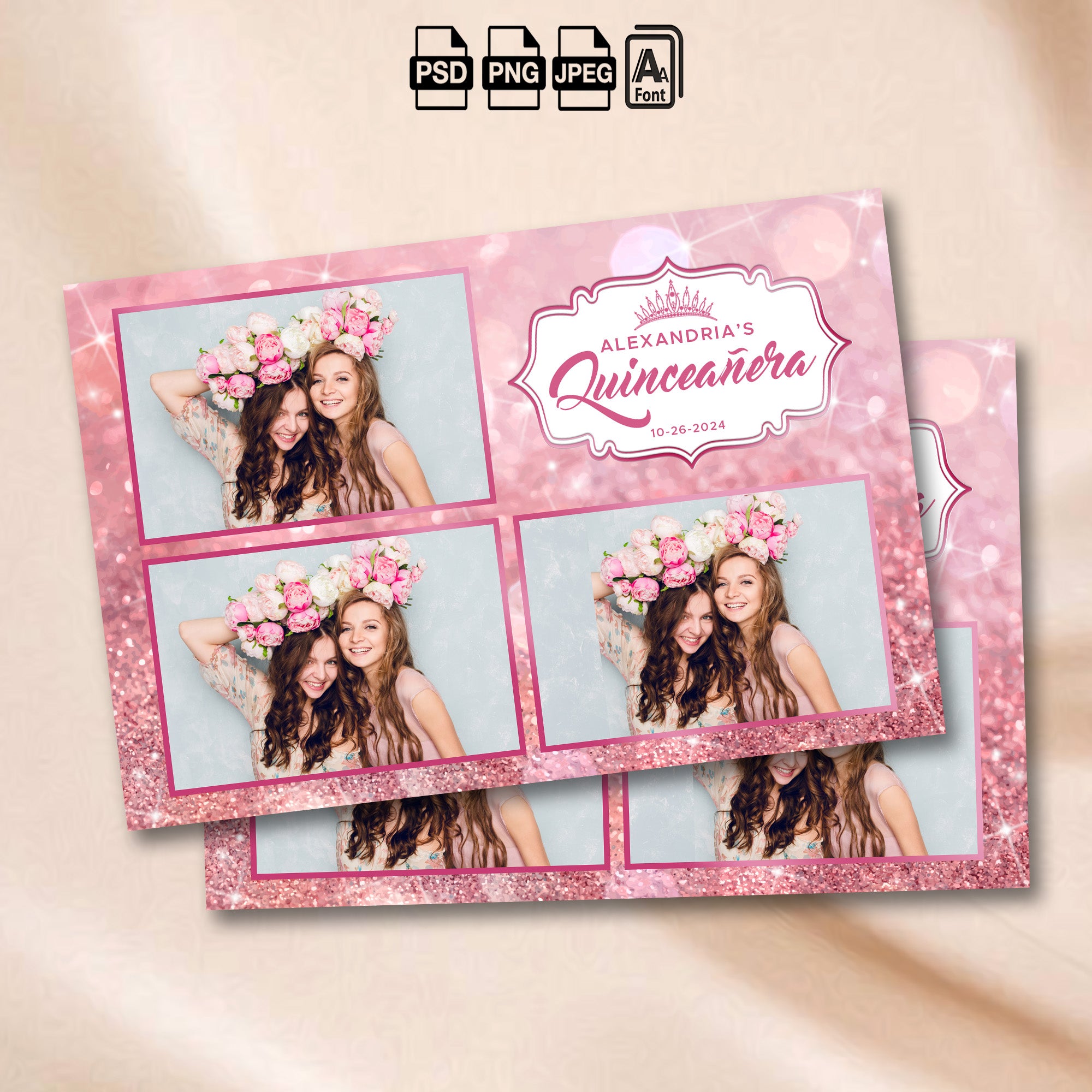 Pink & Rose Gold Quinceañera 3-photo collage photo booth template mockup with pink glitter background and floral crown badge