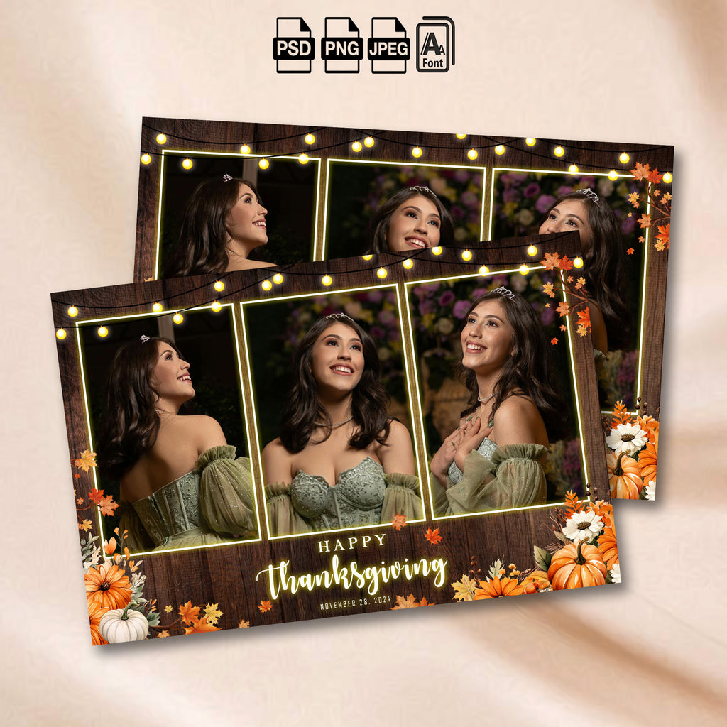 Thanksgiving Photo Booth Template | 3-Photo Landscape Collage | Rustic Wood with Fall Leaves & Pumpkins, 4x6 Photobooth Template