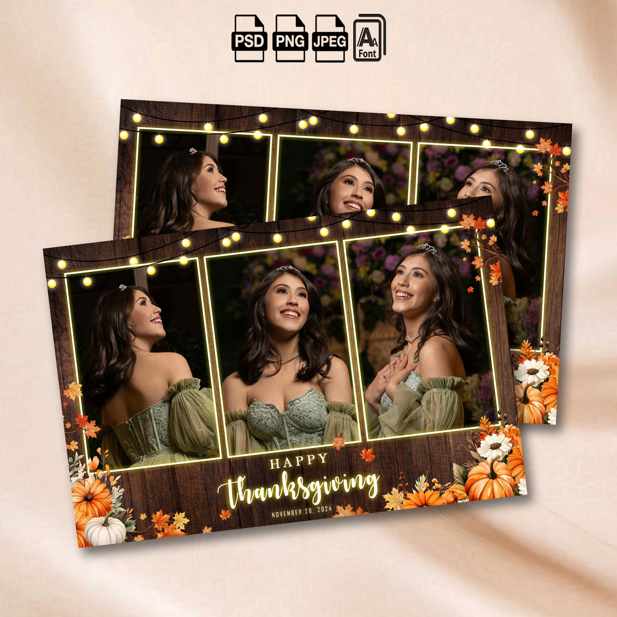 Thanksgiving Photo Booth Template | 3-Photo Landscape Collage | Rustic Wood with Fall Leaves & Pumpkins, 4x6 Photobooth Template