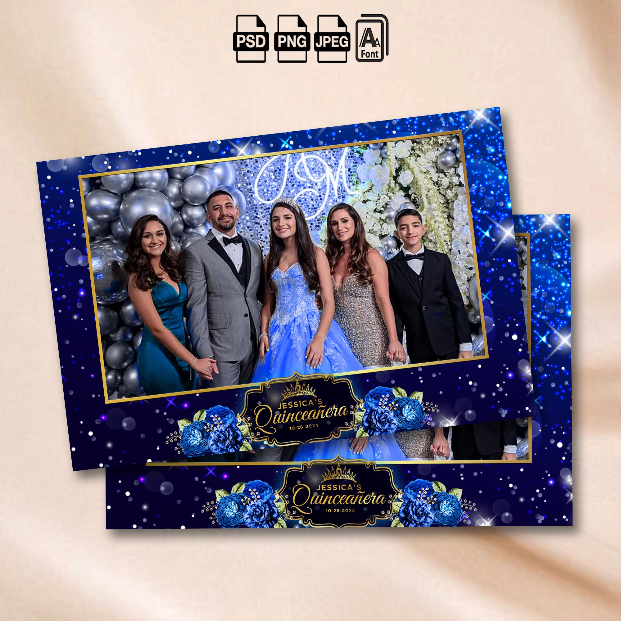Royal Blue Quinceañera landscape photo booth template mockup with royal blue sparkle background and gold crown badge