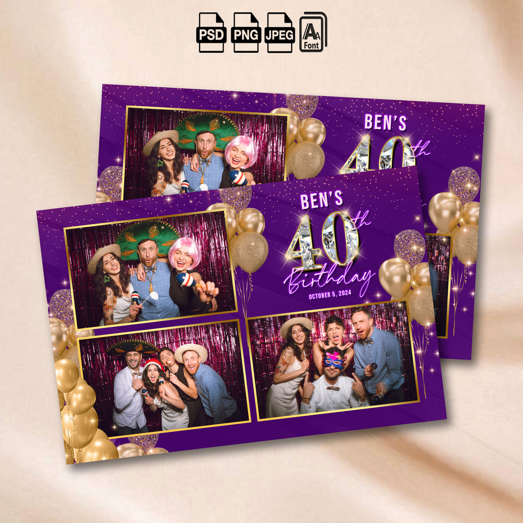 Purple and gold glitter birthday photo booth collage template with three photo openings, gold balloons, and a sparkling diamond birthday number