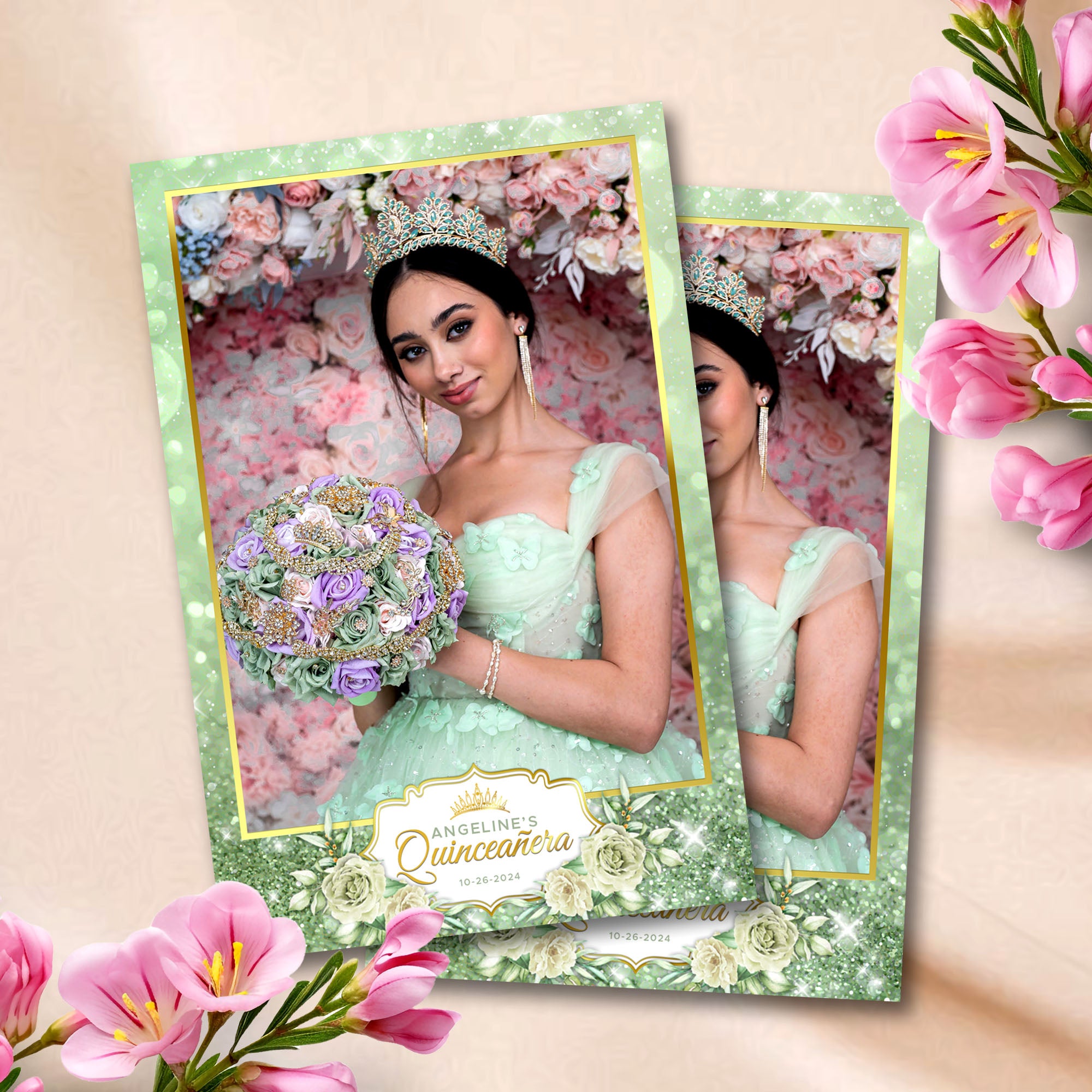 Quinceañera Photo Booth Template | Sage Green & Gold Floral with Crown Badge | Editable Photoshop Template, Instant Download