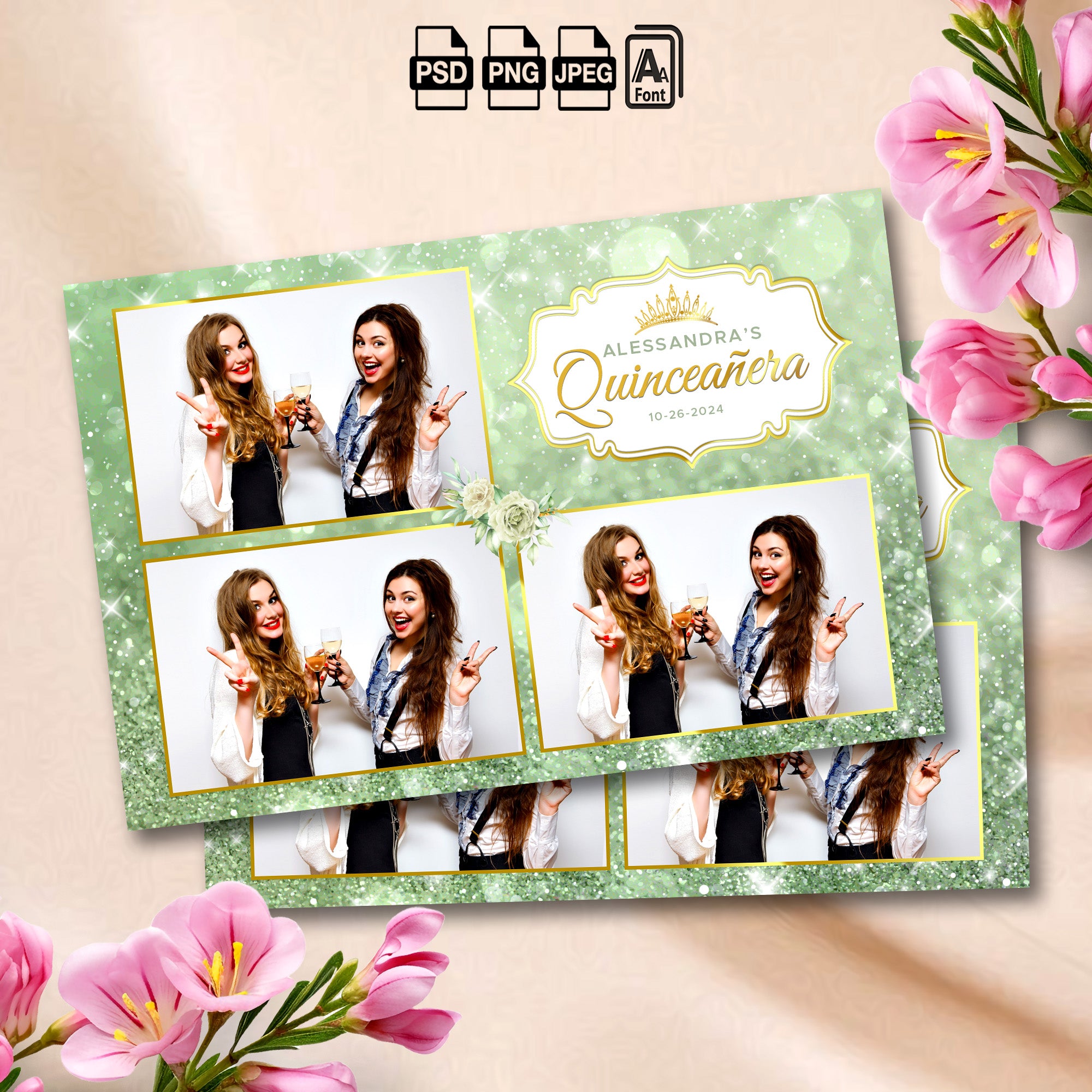 Quinceañera Photo Booth Template | Sage Green Glitter & Gold Crown Design | Editable Quinceanera 3-Photo Strip | Instant Download Photoshop Template