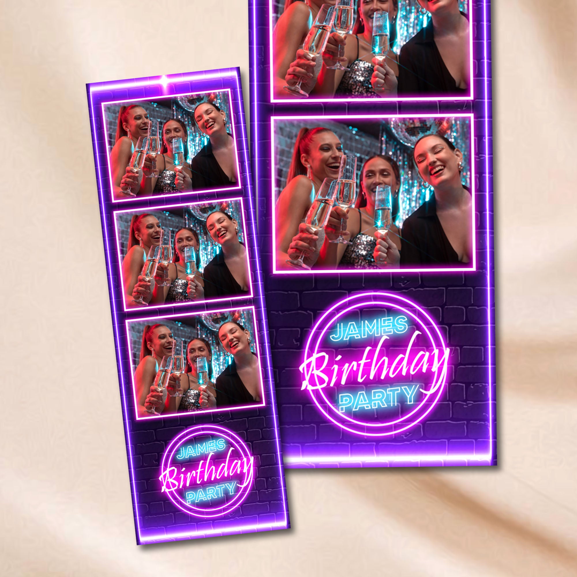 Neon Birthday Photo Booth Template | 3-Photo Strip Layout | Editable Photoshop Template, Instant Download