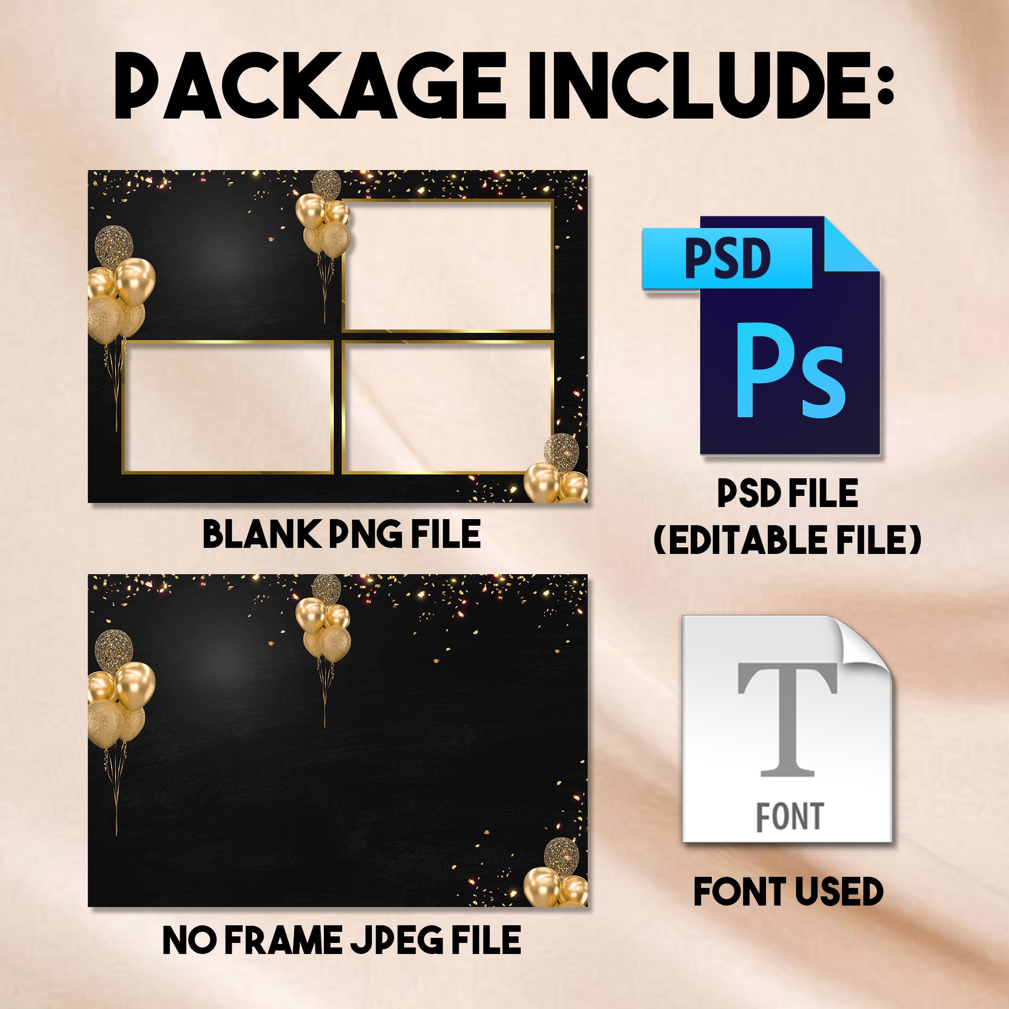 50th Birthday Photo Booth Template | Black and Gold 4x6 Postcard Overlay | Golden Birthday Photo Booth Template