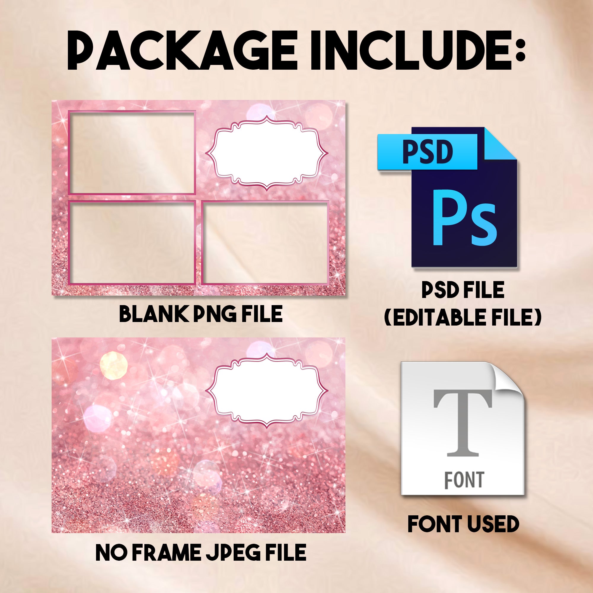 3-photo collage Pink & Rose Gold Quinceañera photo booth template preview with pink glitter background