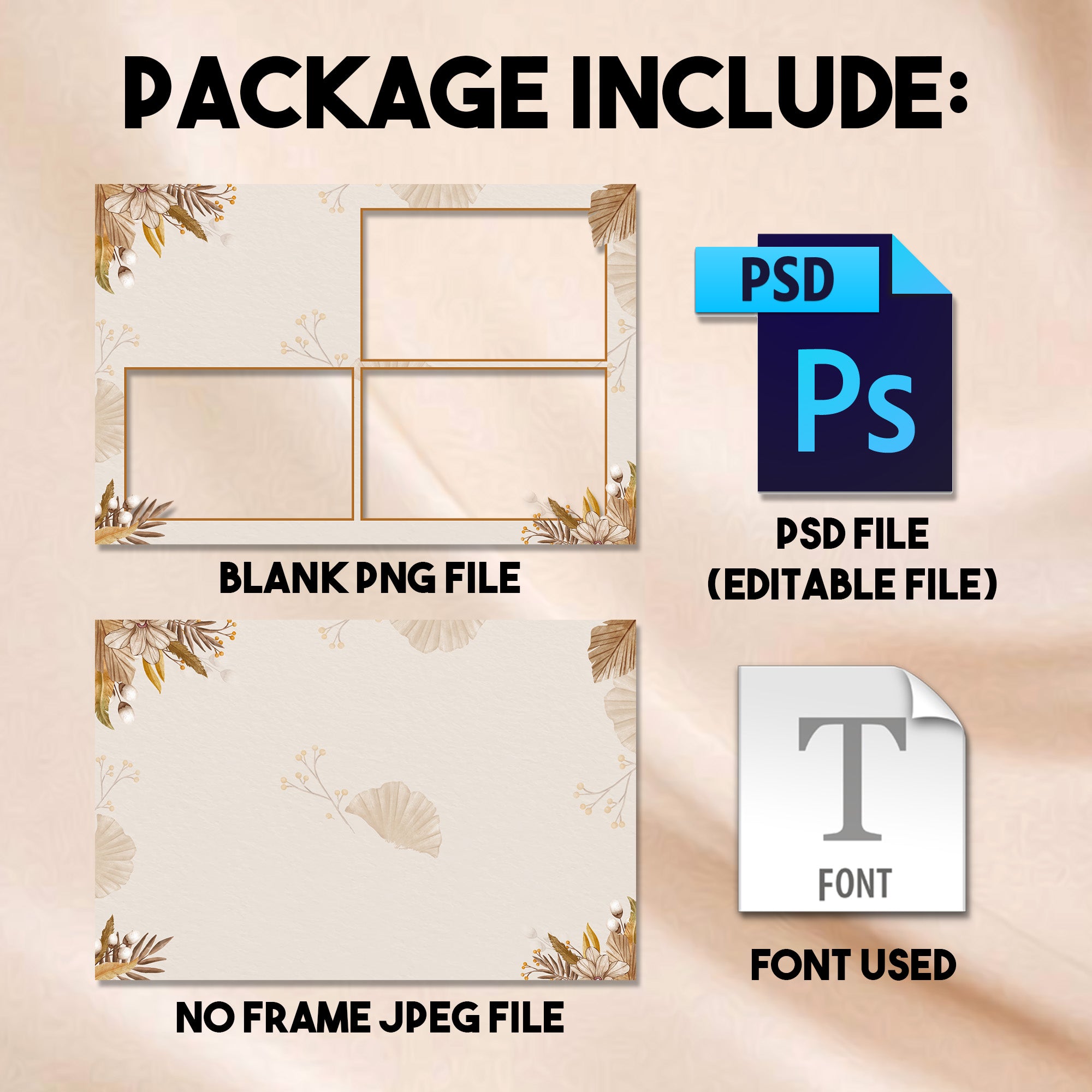 3-photo collage Boho Wedding photo booth template preview with cream and dried palm background