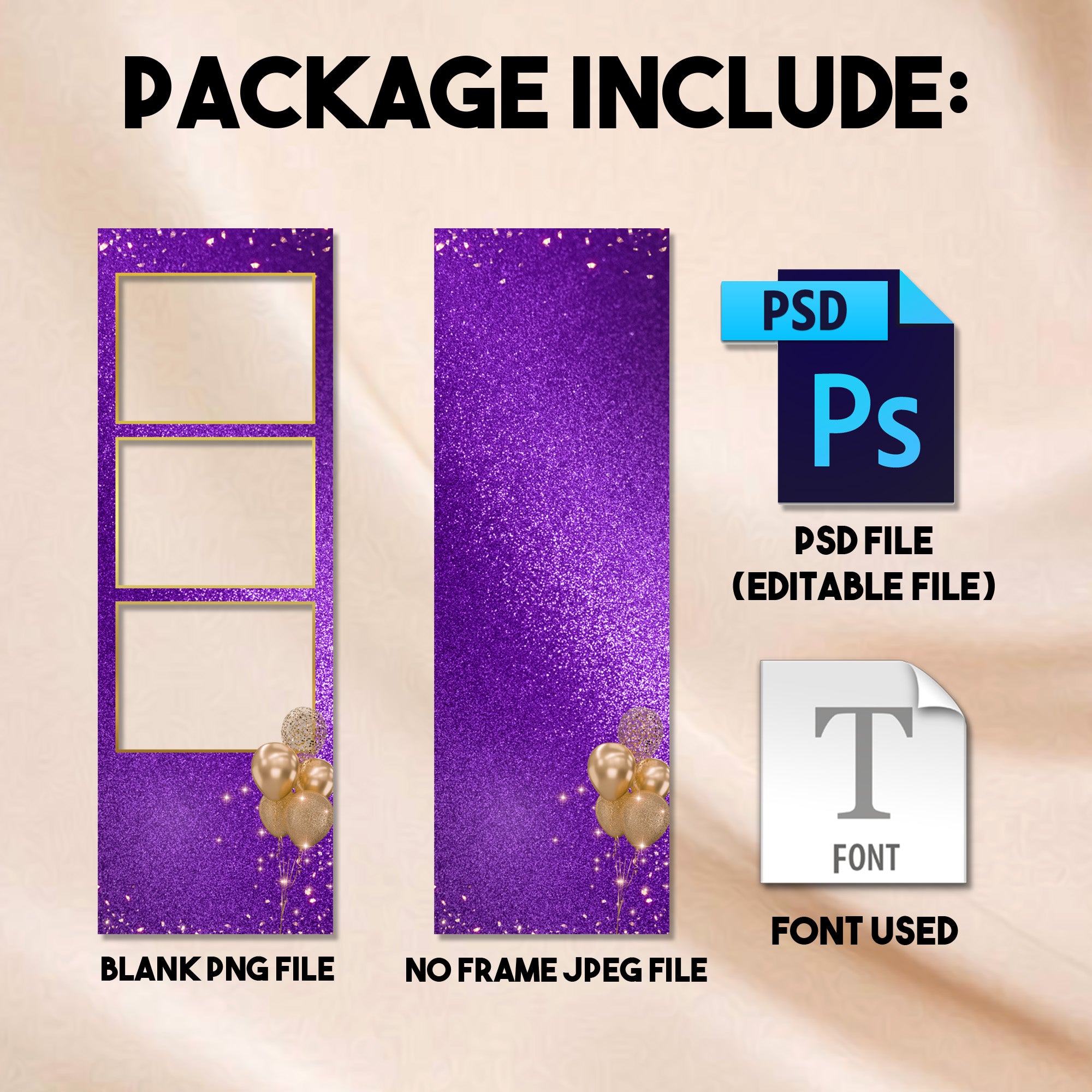 Close-up of the Purple & Gold Birthday photo strip template showing the editable host name, birthday age number, and date text