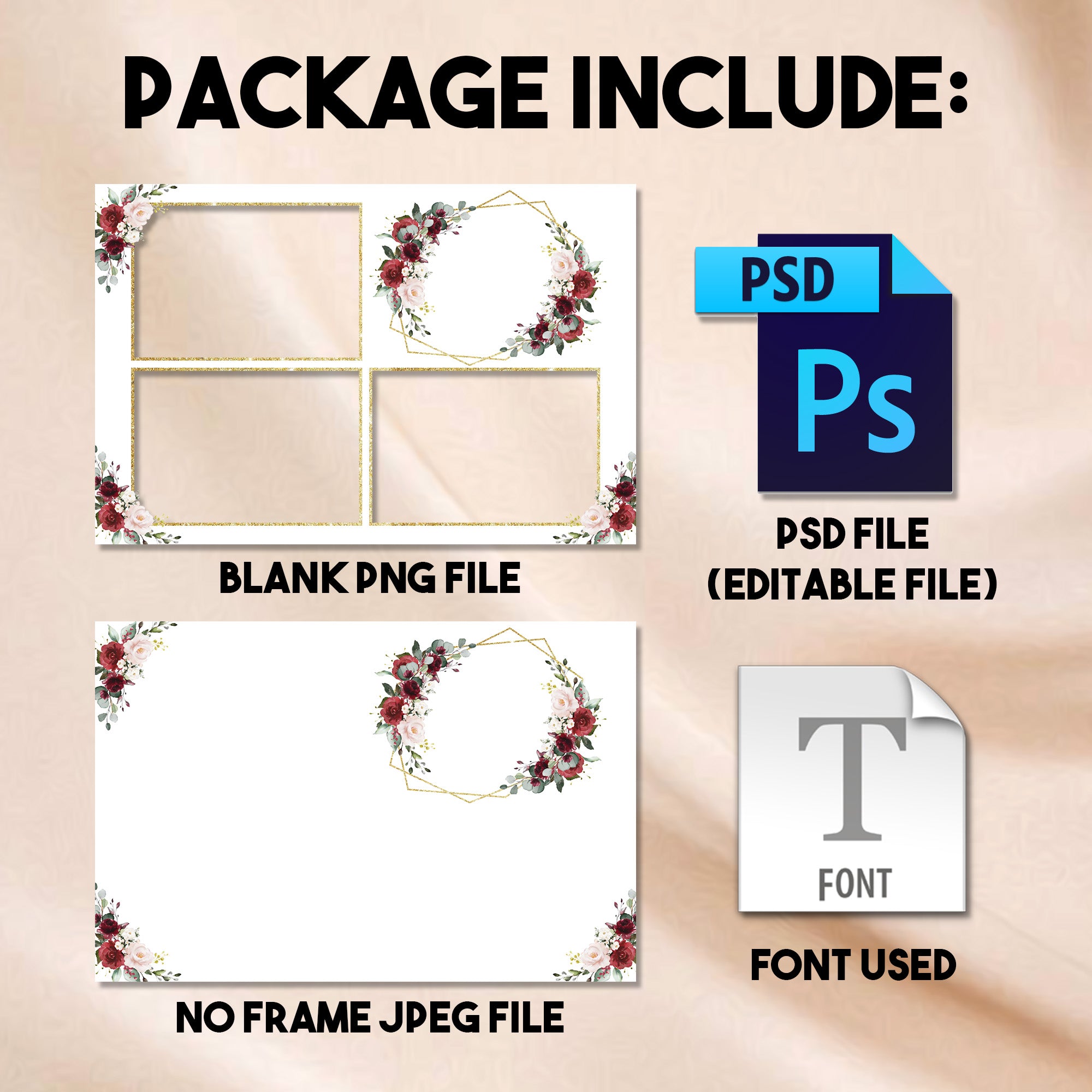 Elegant Wedding Photo Booth Template | Burgundy & Blush Floral with Gold Frame | Editable Photoshop Template, Instant Download