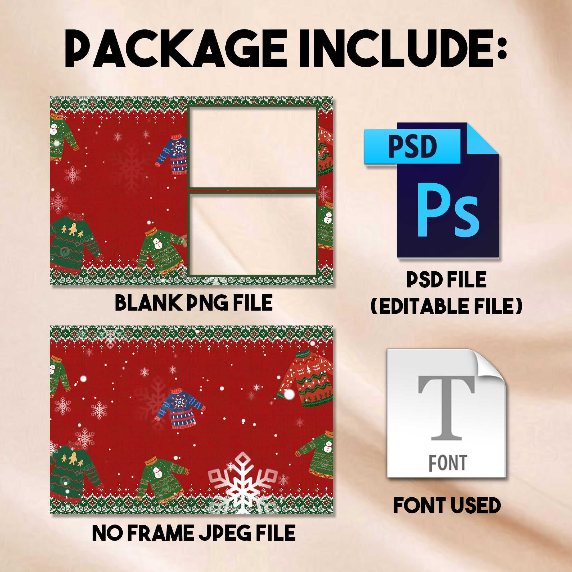 2-photo collage Ugly Sweater Holiday Party photo booth template preview with red knit pattern border