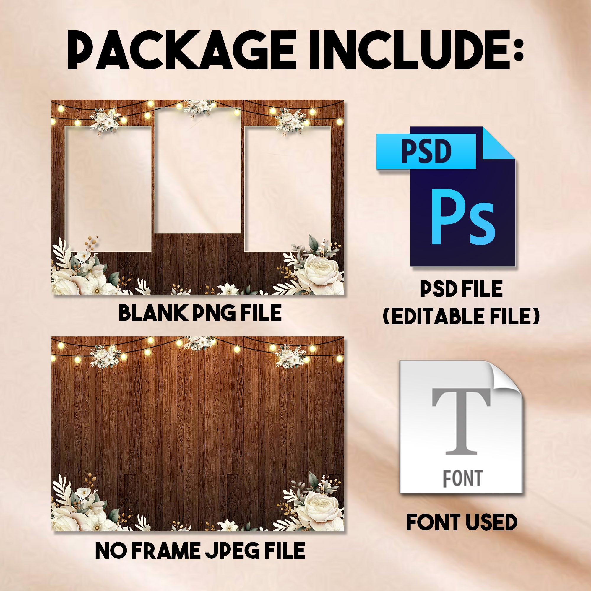 Rustic Wedding Photo Booth Collage Template | 3-Photo Landscape Layout | Editable Photoshop Template, Instant Download