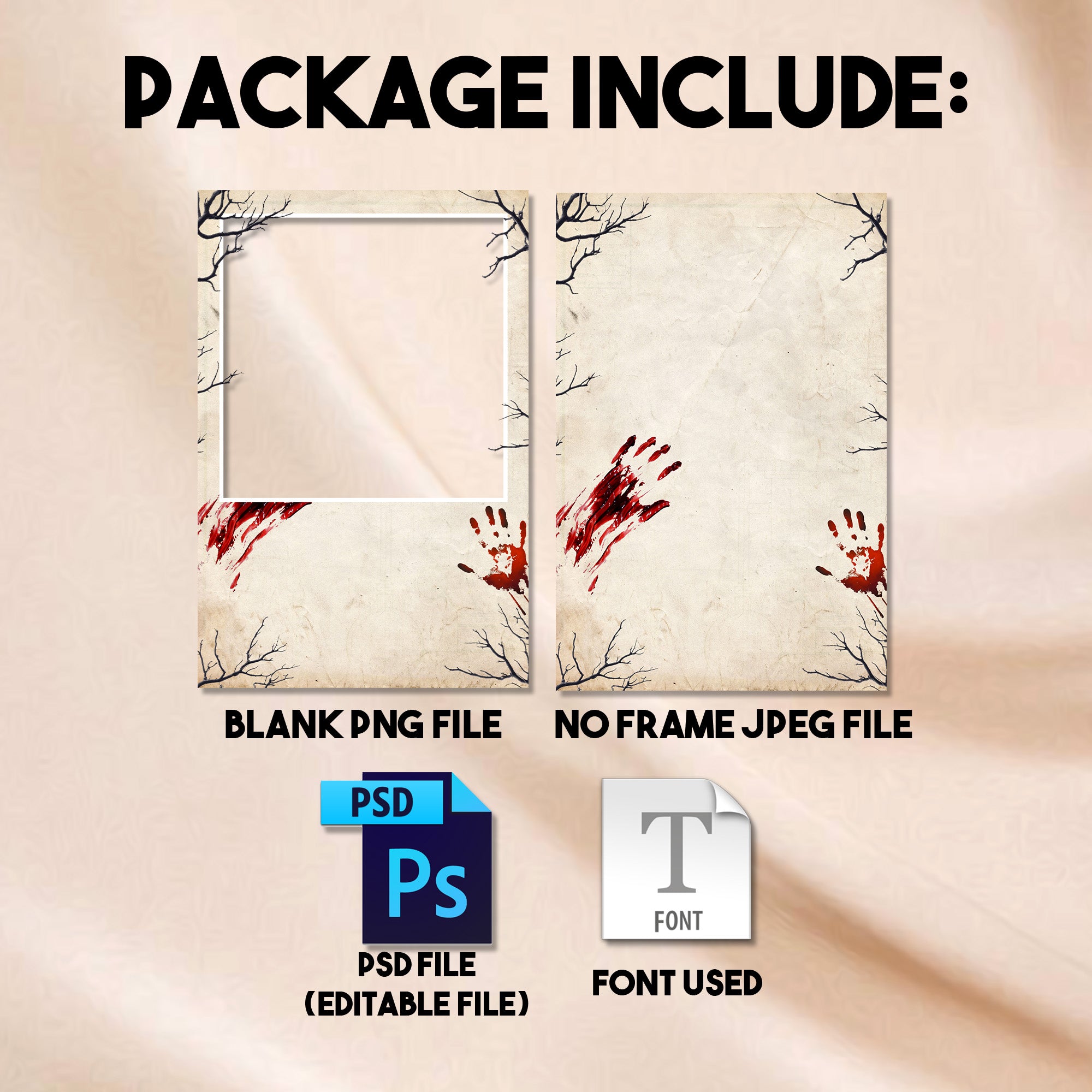 Close-up of the Vintage Parchment Halloween portrait photo booth template showing the bold distressed Happy Halloween title text and bloody handprint accents