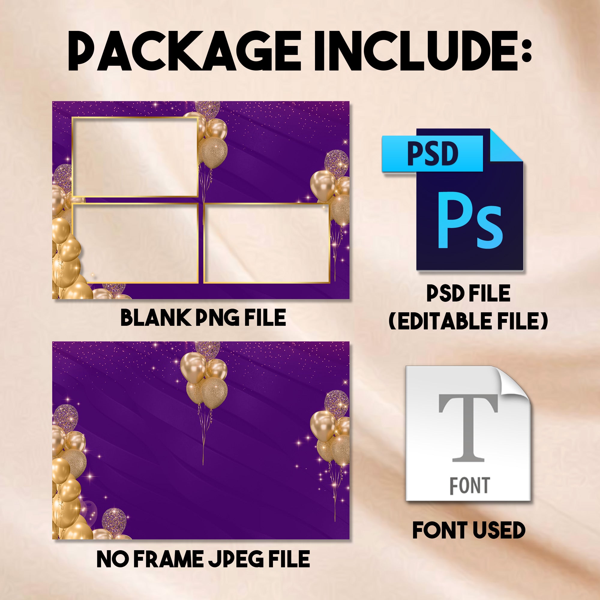 Close-up of the Purple & Gold Birthday collage photo booth template showing the editable host name, birthday age number, and date text