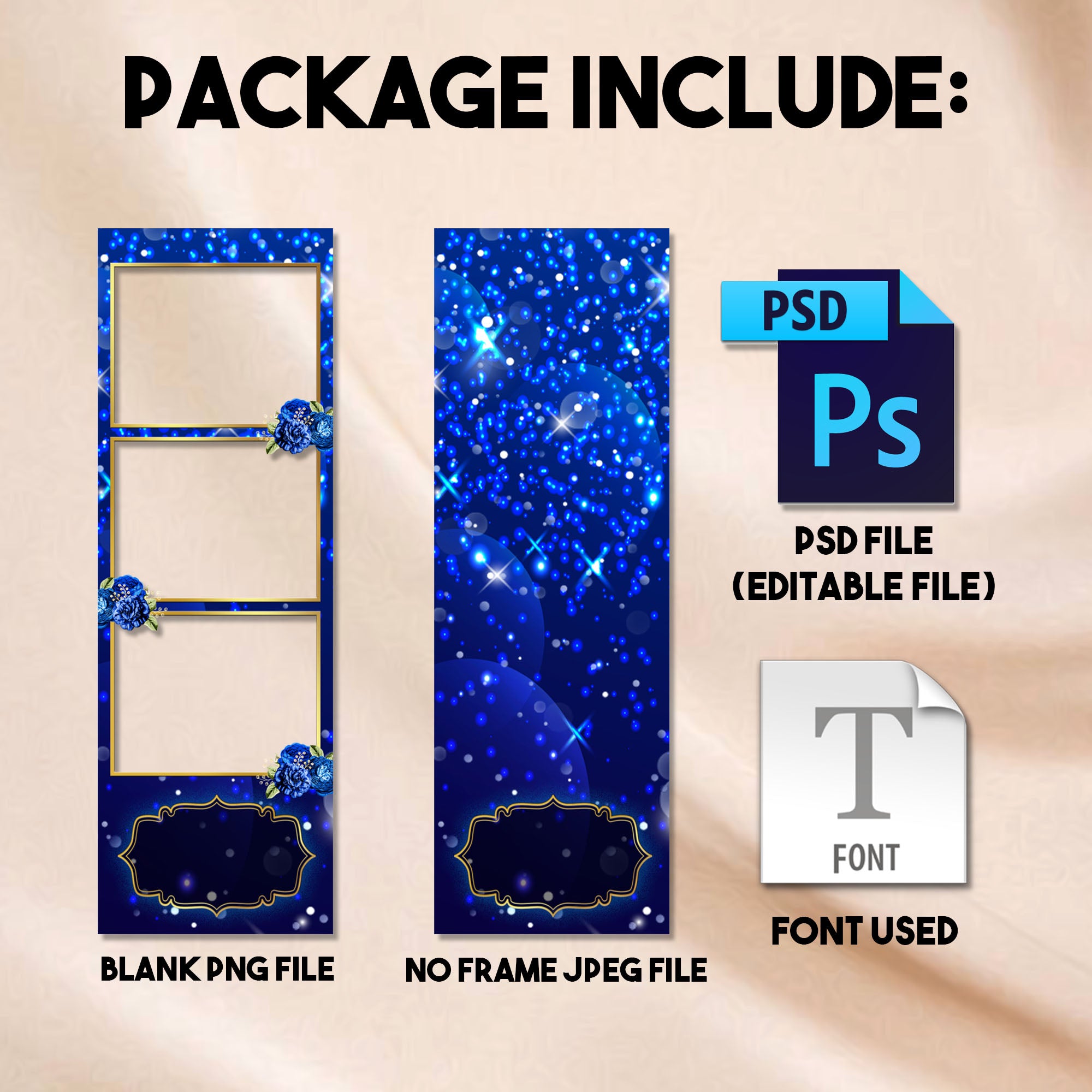 2x6 photo strip Royal Blue Quinceañera photo booth template preview with royal blue sparkle background