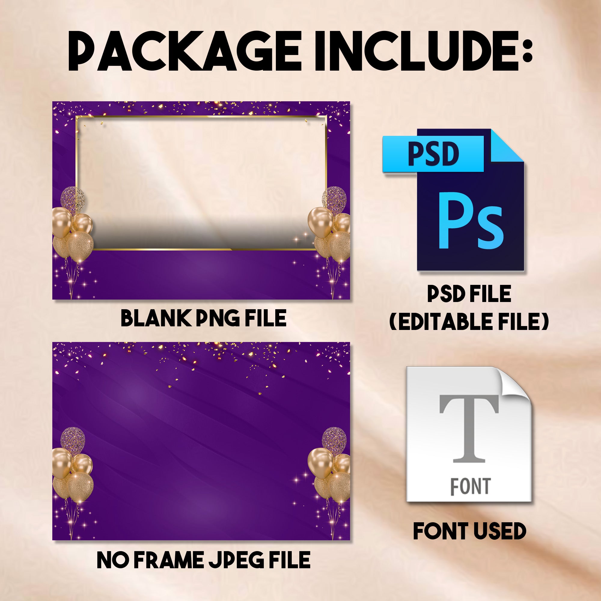 Close-up of the Purple & Gold Birthday landscape photo booth template showing the editable host name, birthday age number, and date text