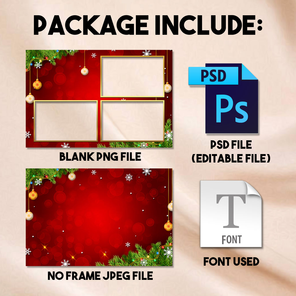 4-photo grid Christmas photo booth template preview with red background and string lights