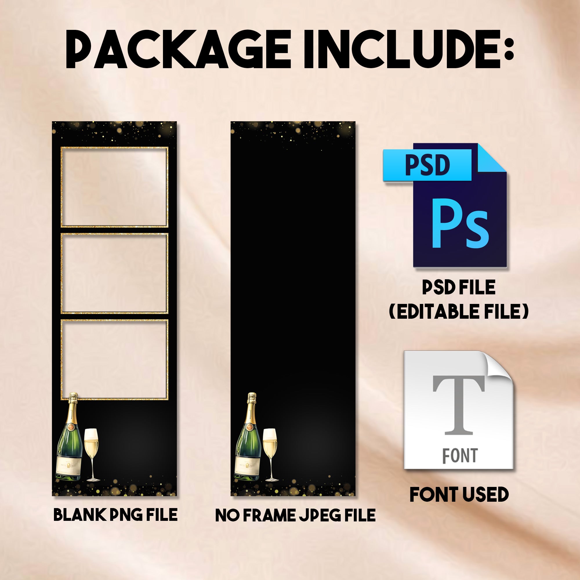 Close-up of the Cheers to the New Year photo strip template showing the gold script text and champagne bottle graphic