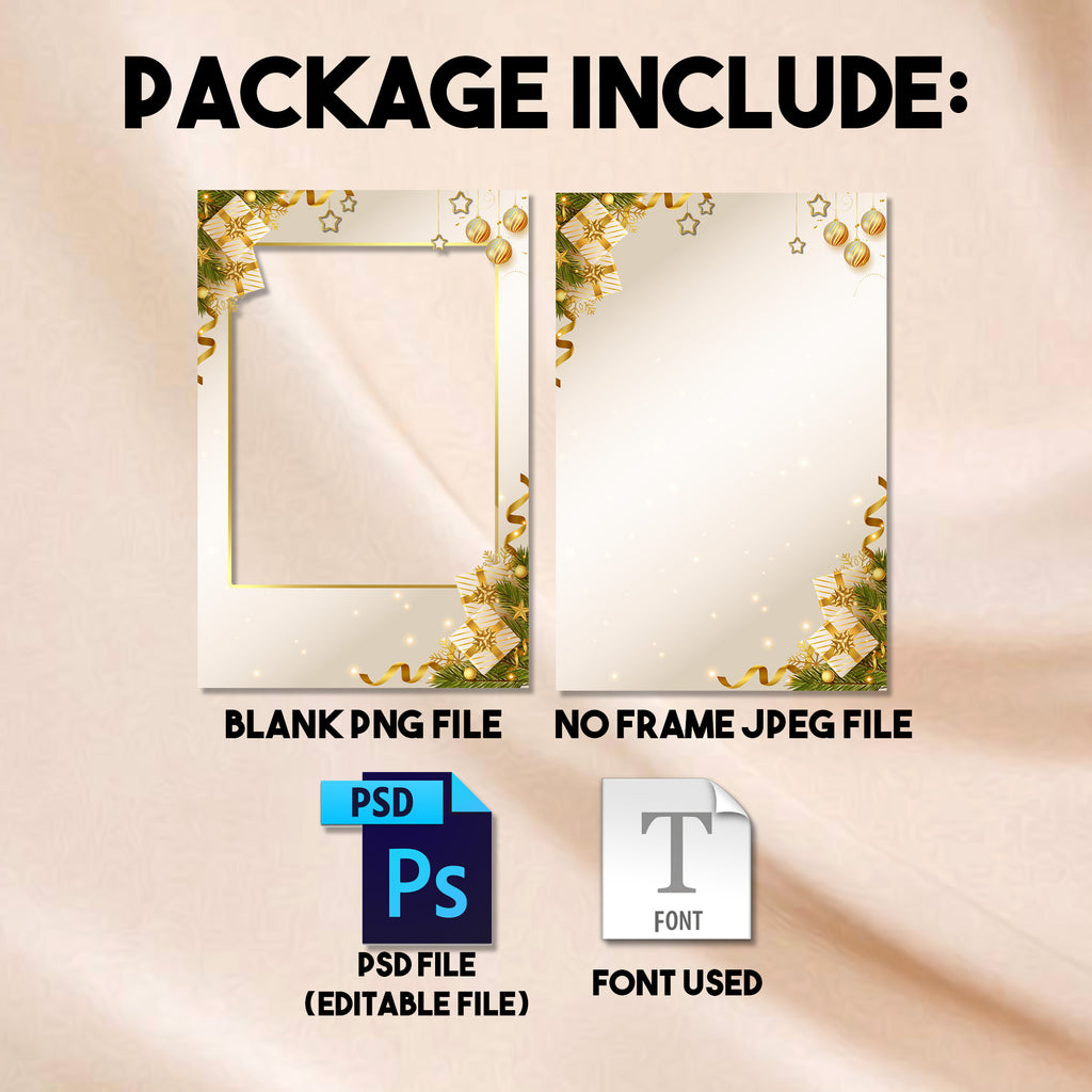 4x6 portrait Christmas Dinner Party photo booth template preview with ivory and gold background