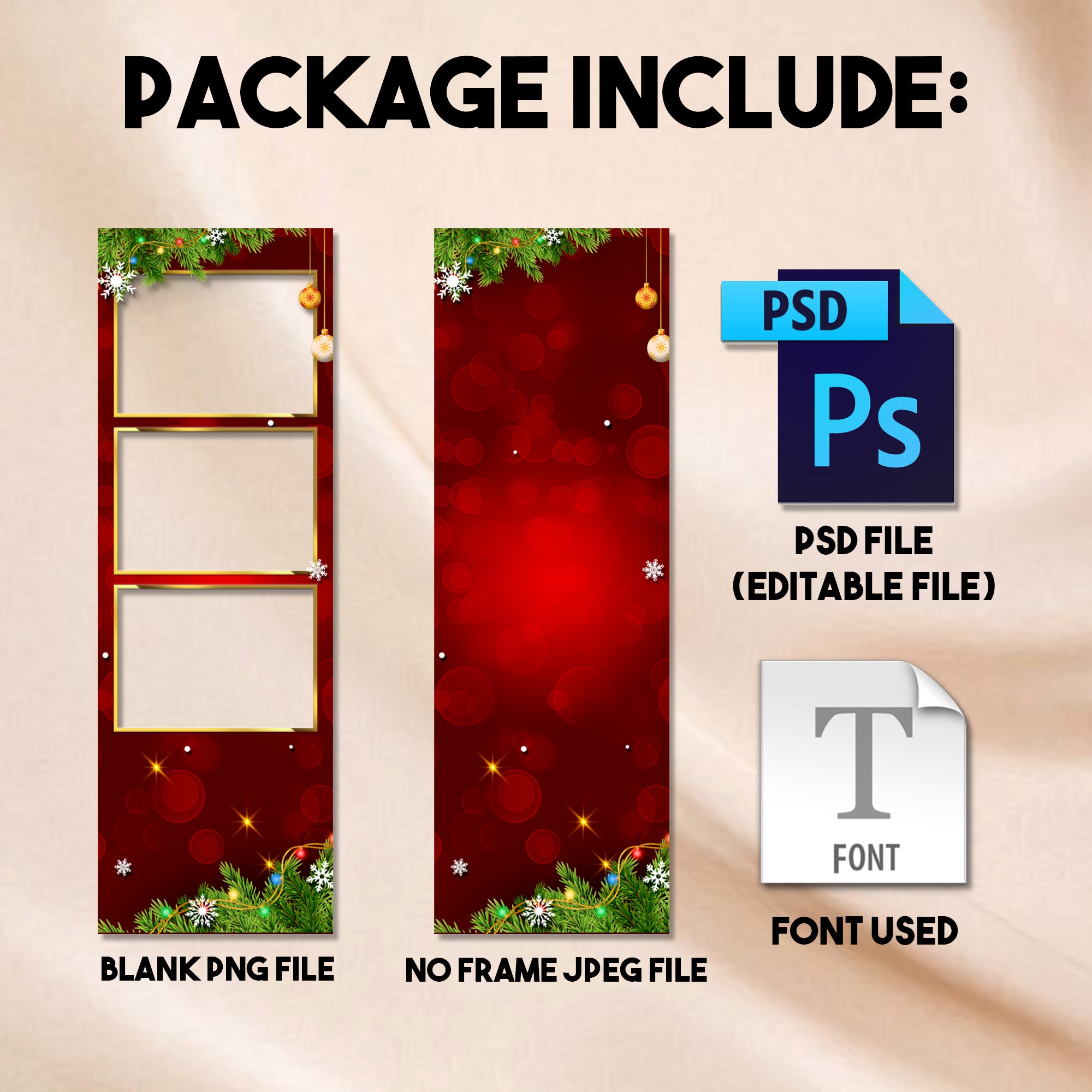 2x6 photo strip Christmas photo booth template preview with red background and string lights