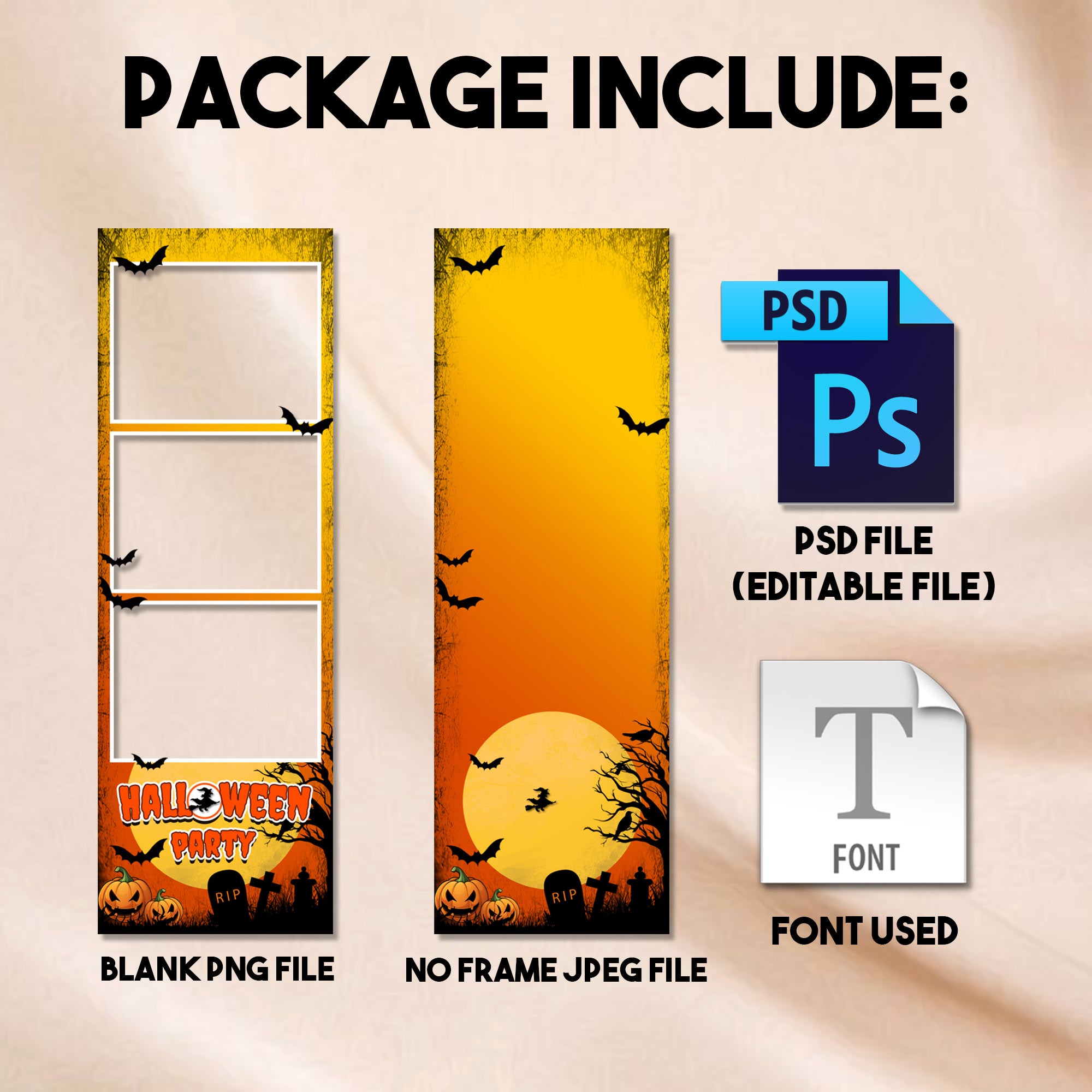 Halloween Party Photo Booth Strip Template | Spooky Orange & Black Design | Editable 2x6 Photobooth Template, Instant Download