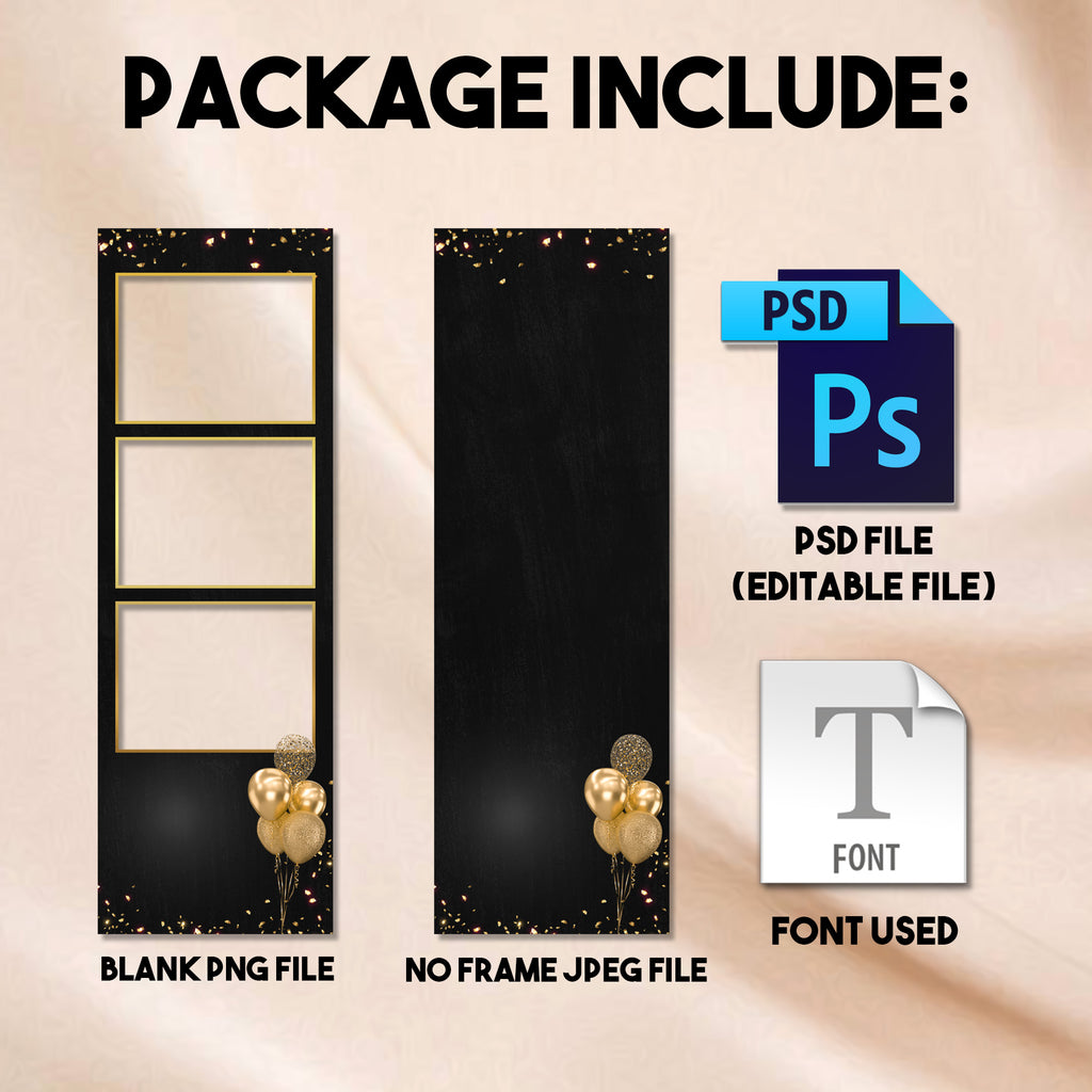 50th Birthday Photo Booth Template | Black & Gold Diamond Design | Editable Photoshop Template, Instant Download