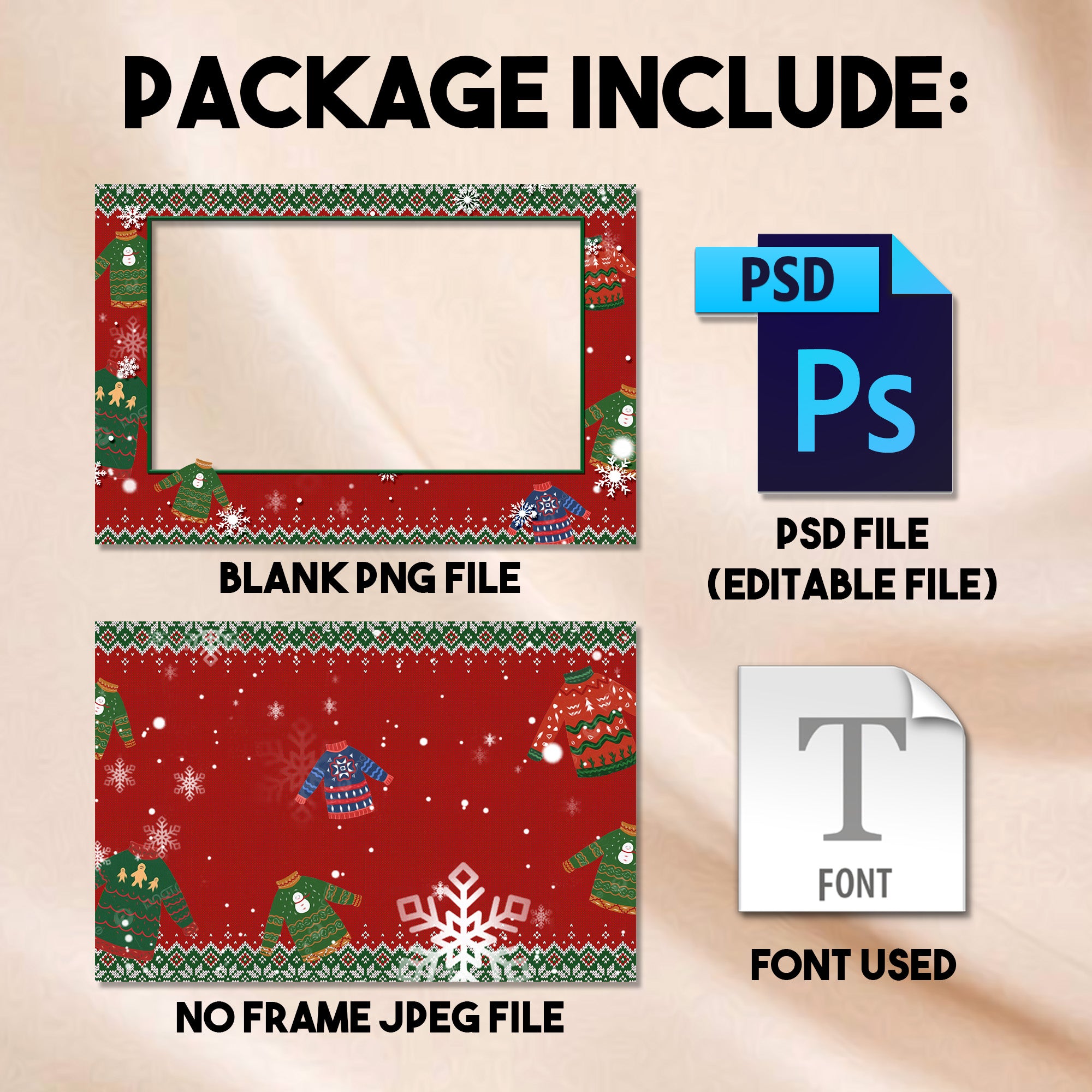 4x6 landscape Ugly Sweater Holiday Party photo booth template preview with red knit pattern border