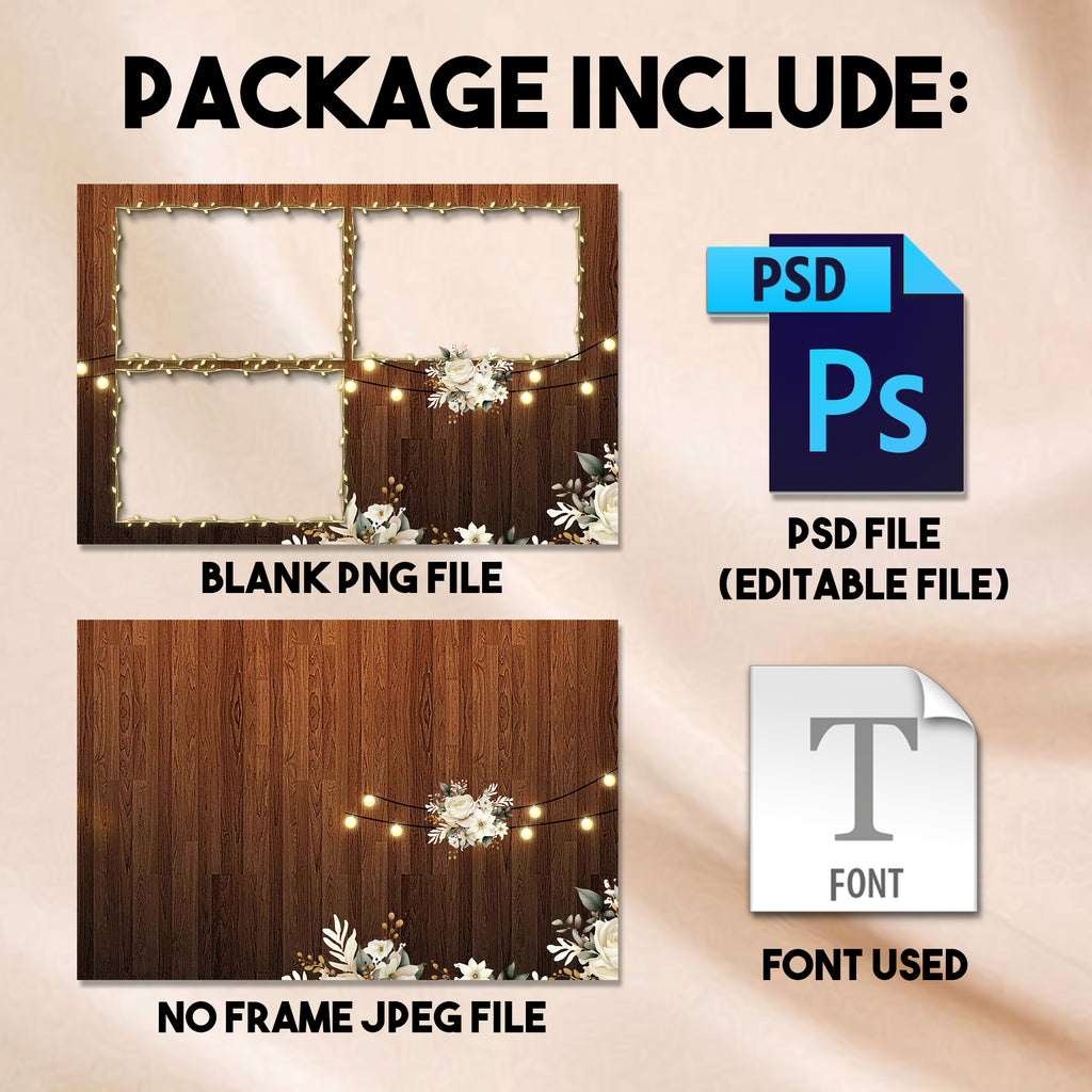 Rustic Wedding Photo Booth Template | Editable 4x6 Photo Strip with String Lights & Wood Background | Instant Download Photoshop Template