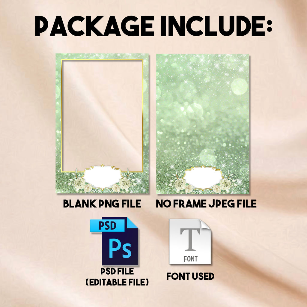 Quinceañera Photo Booth Template | Sage Green & Gold Floral with Crown Badge | Editable Photoshop Template, Instant Download