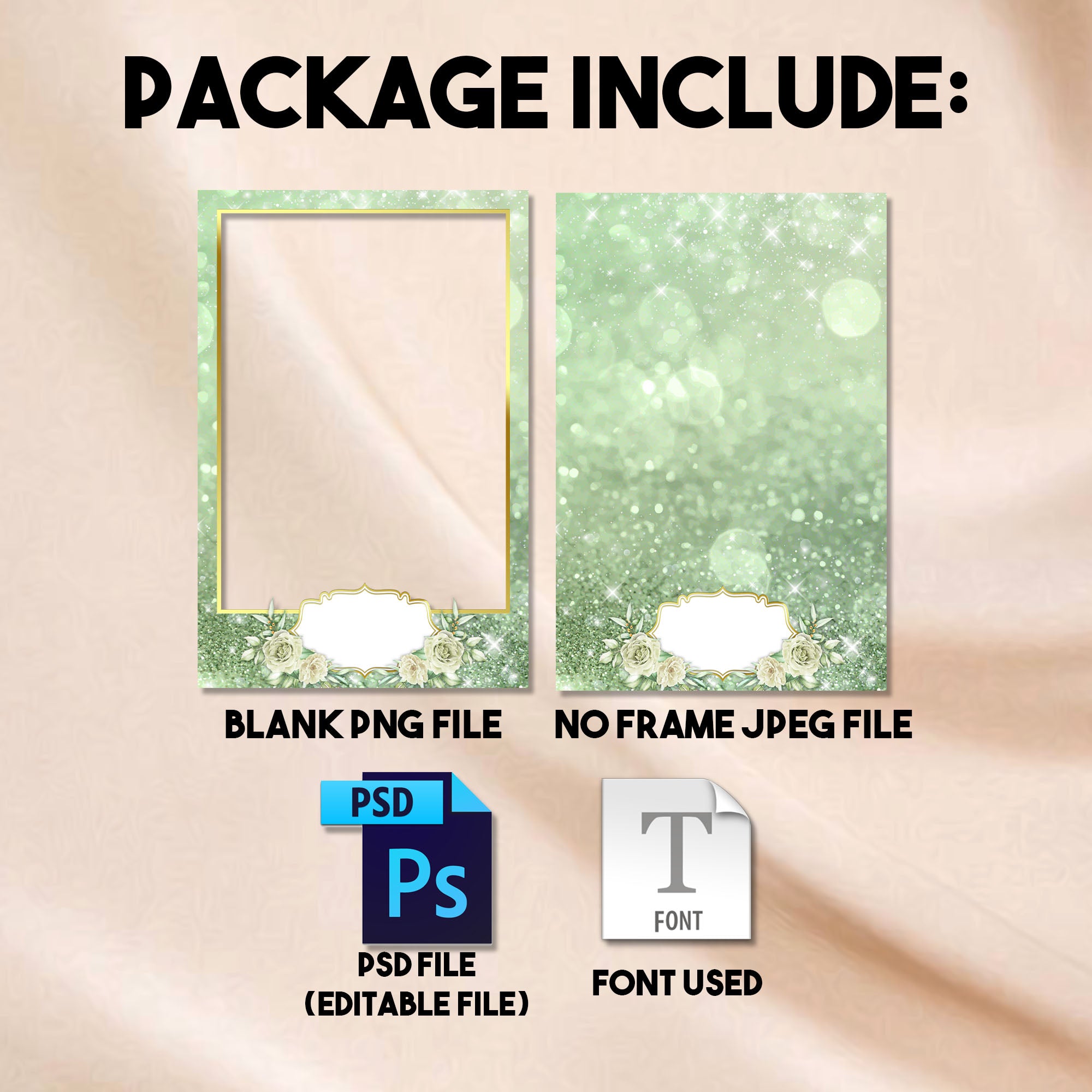 Quinceañera Photo Booth Template | Sage Green & Gold Floral with Crown Badge | Editable Photoshop Template, Instant Download