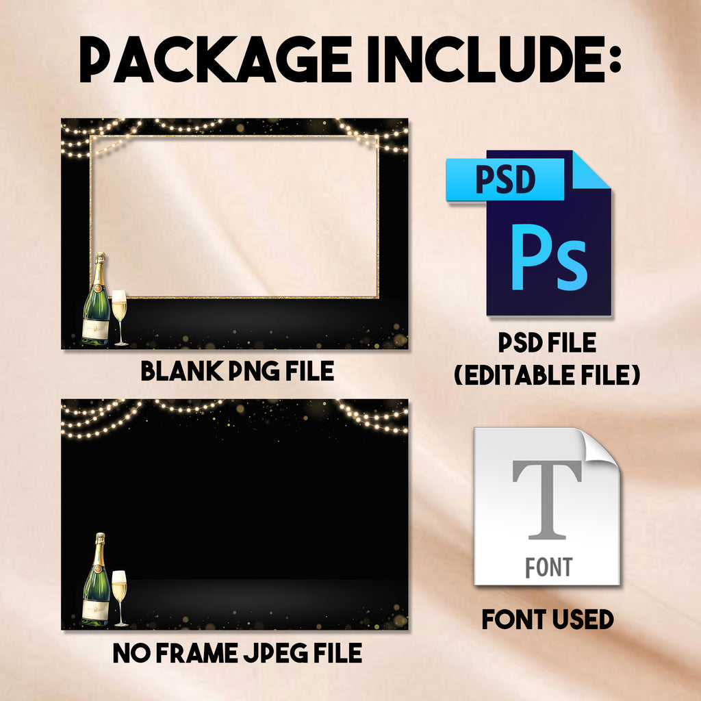 Close-up of the Cheers to the New Year landscape photo booth template showing the gold script text and champagne bottle graphic