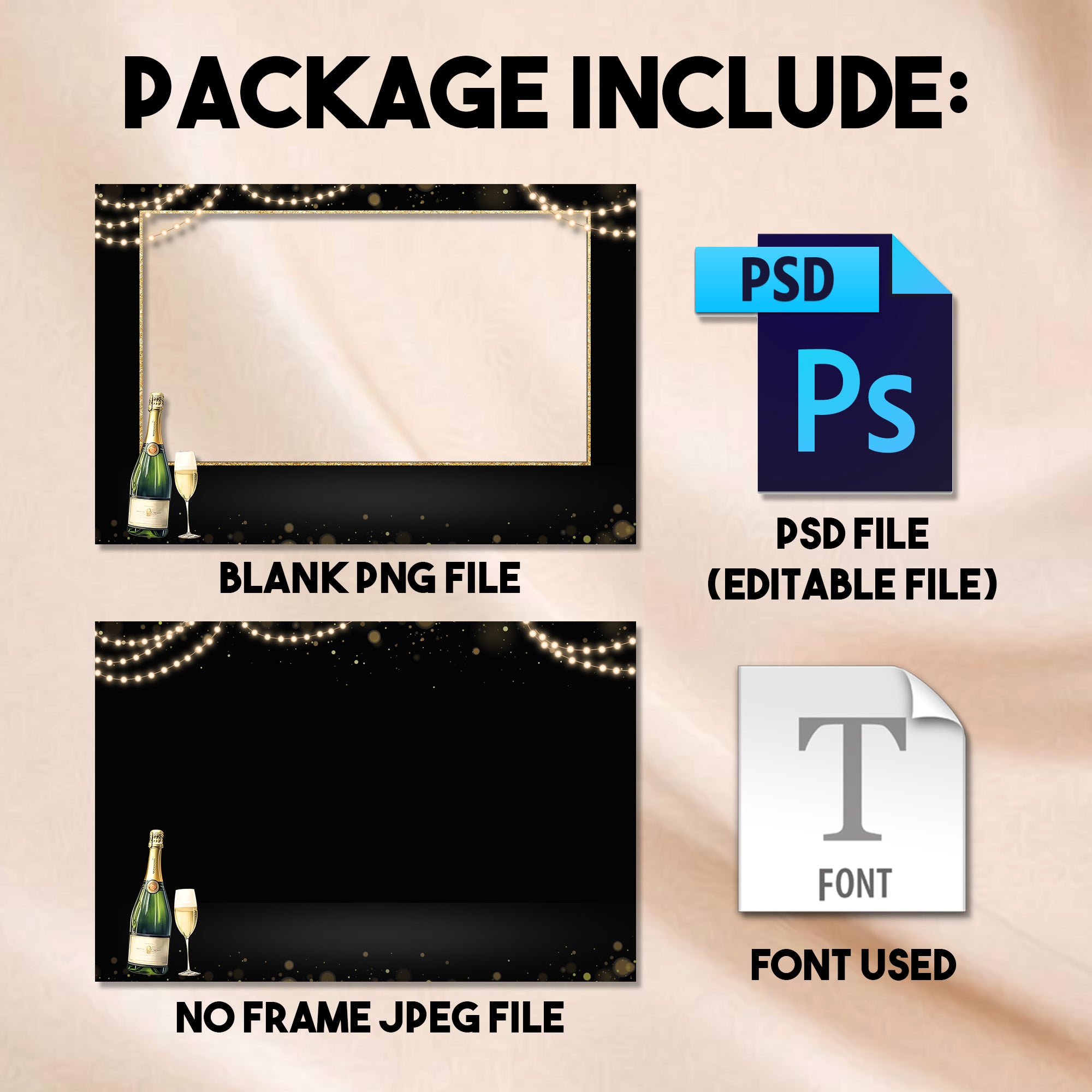 Close-up of the Cheers to the New Year landscape photo booth template showing the gold script text and champagne bottle graphic