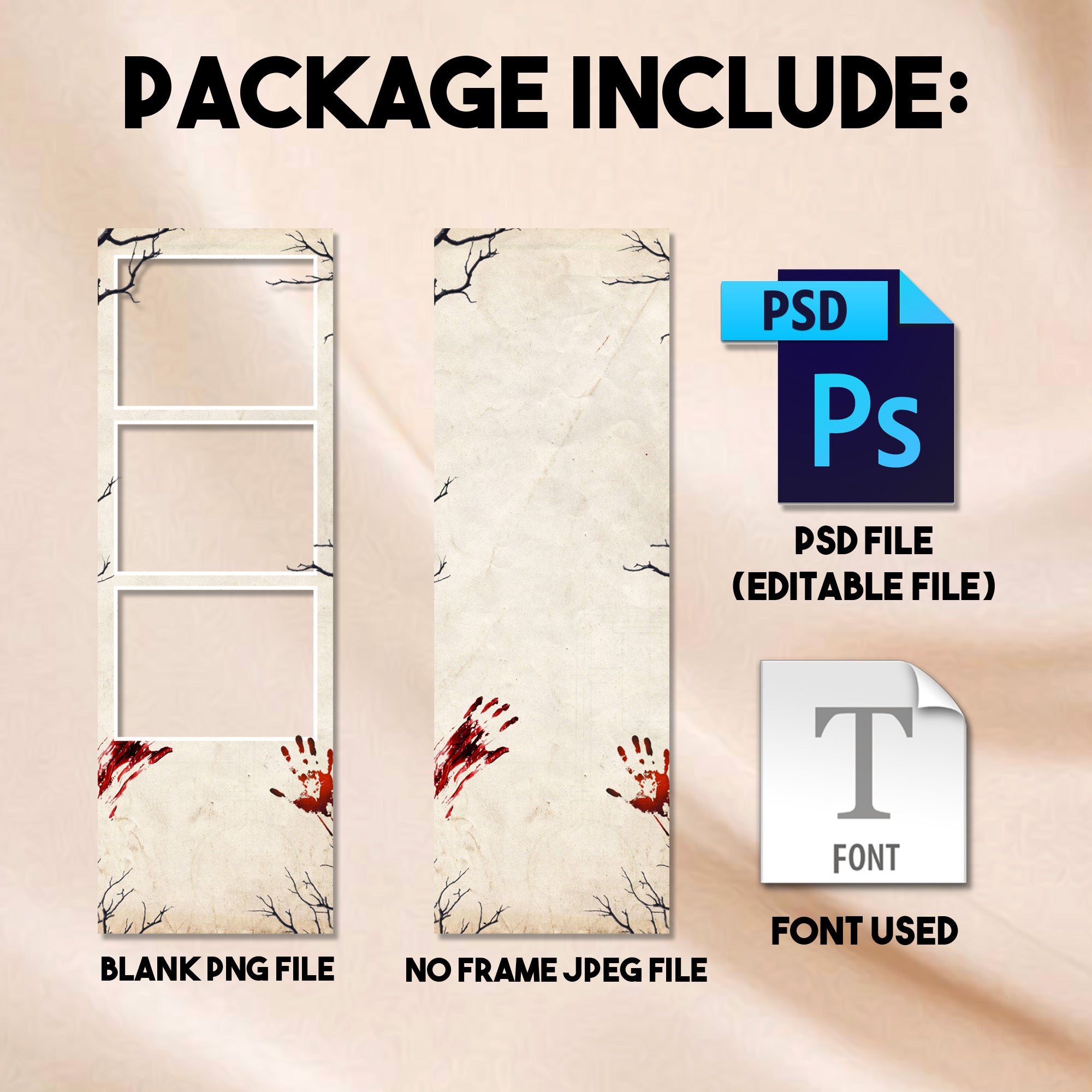Close-up of the Vintage Parchment Halloween photo strip template showing the bold distressed Happy Halloween title text and editable host name and date fields