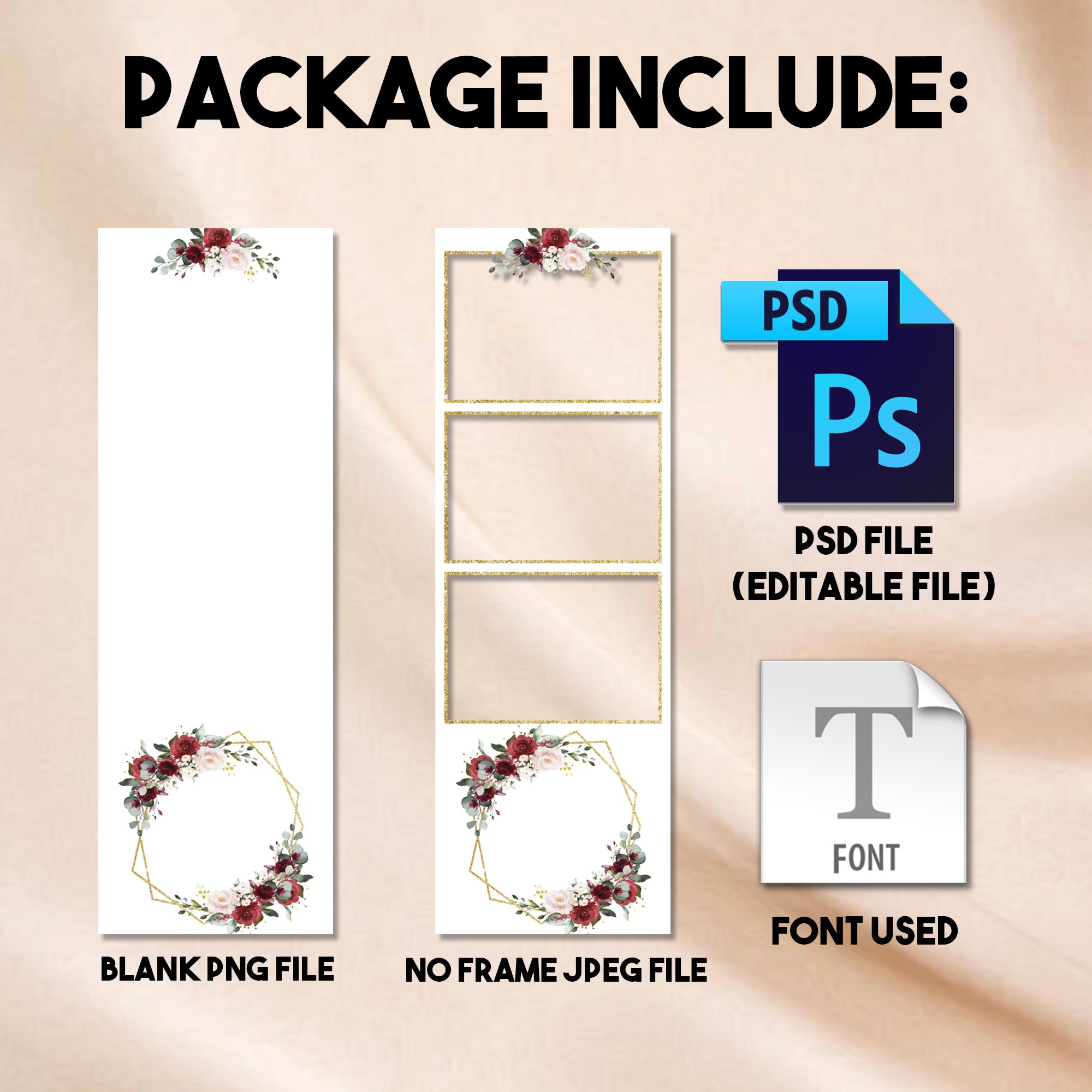 Burgundy Floral Wedding Photo Booth Template | 3-Photo Strip Layout | Editable Photoshop Template, Instant Download